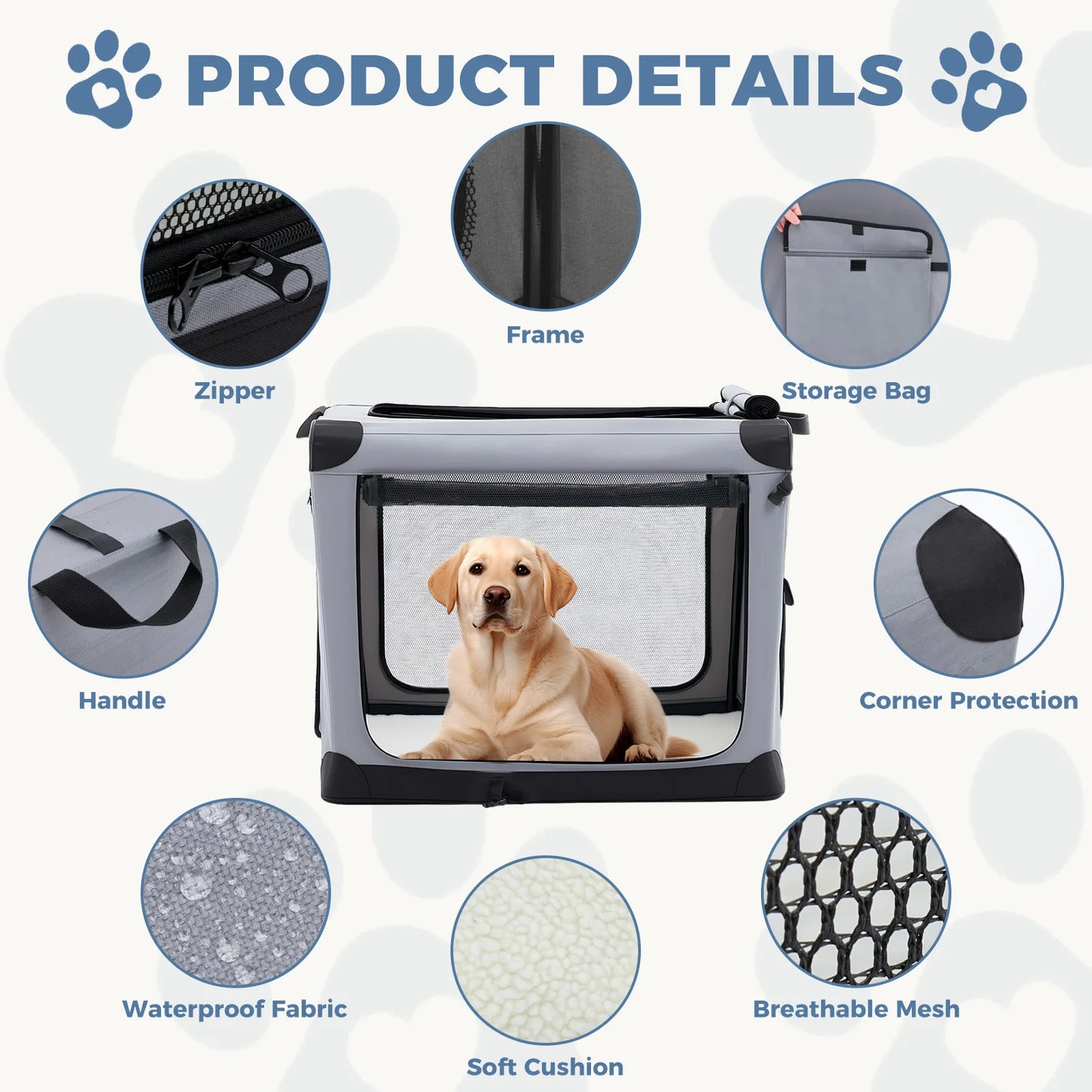 JHK Portable Foldable Soft Dog Crate With Three Doors