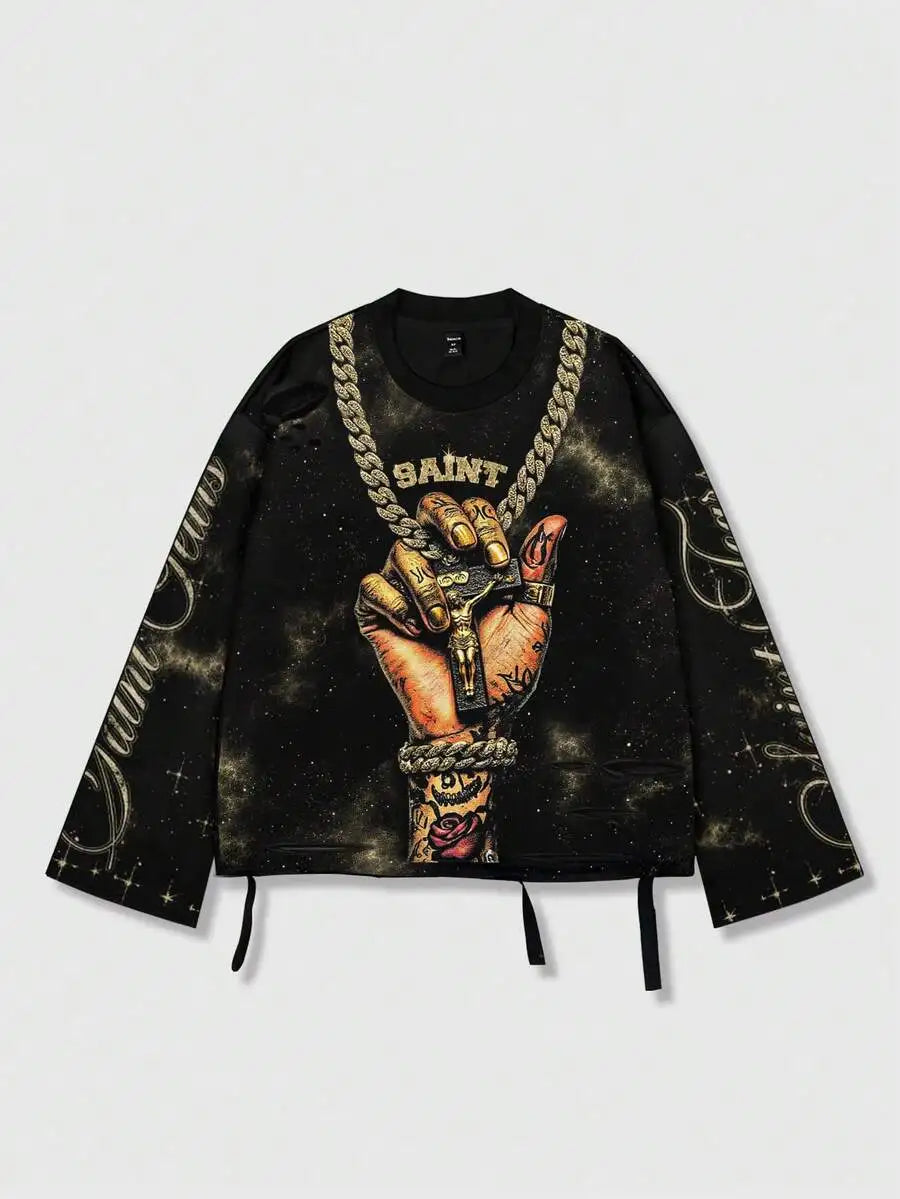 Men's Vintage Distressed Graphic Long Sleeve Tee Streetwear Inspired