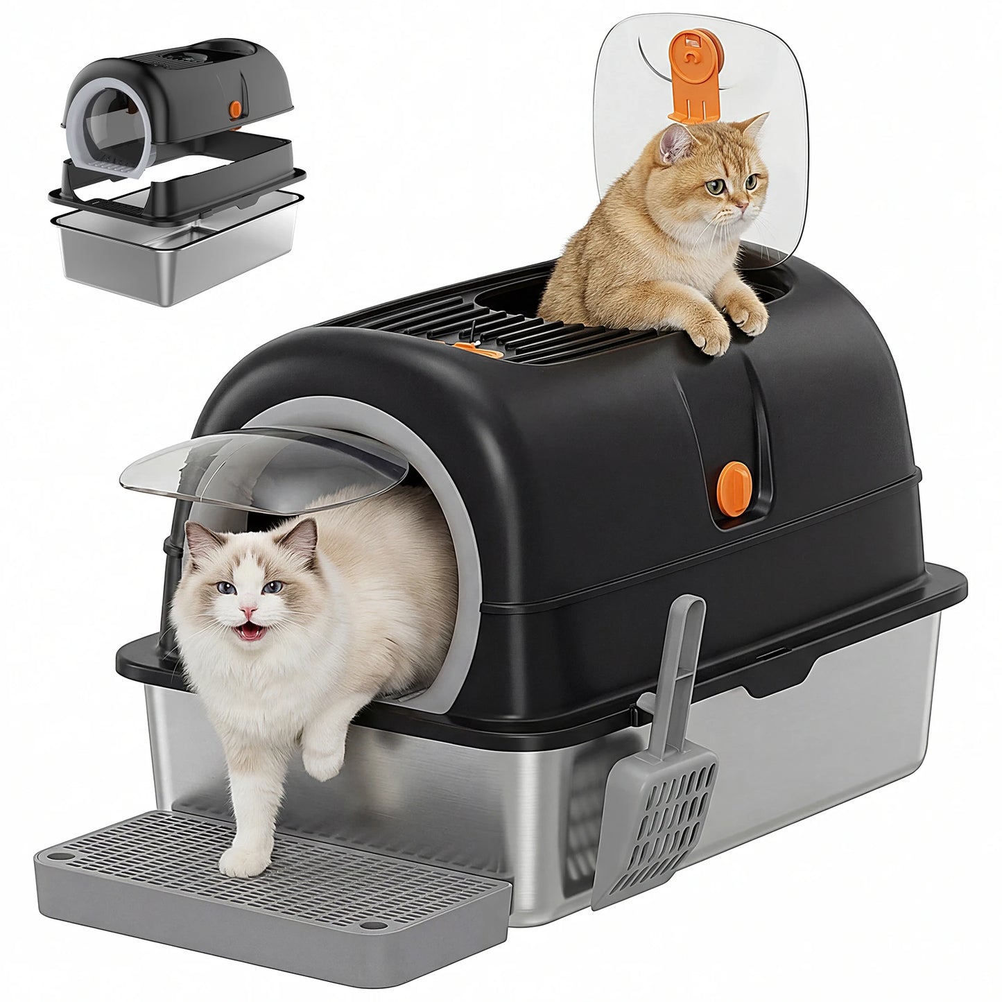 Enclosed Stainless Steel Cat Litter Box With Scoop And Pad