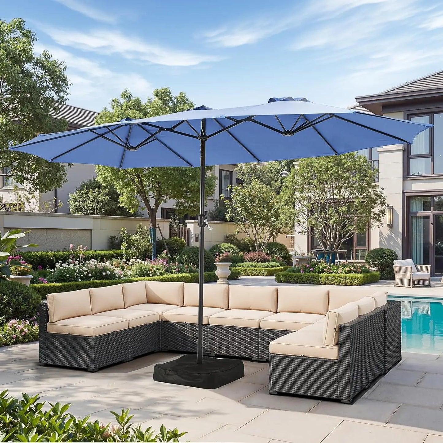 Patio DoubleSided Rectangular Umbrella With Crank And Base