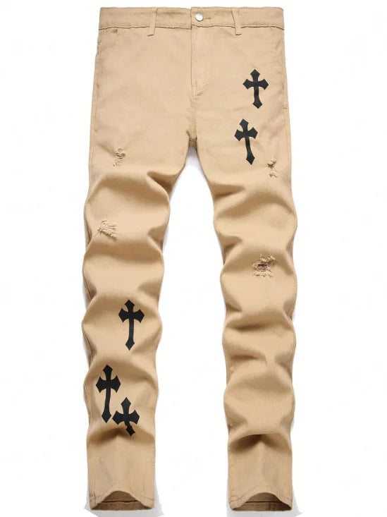 Men's Cross Print Straight Leg Jeans For Casual Everyday Wear