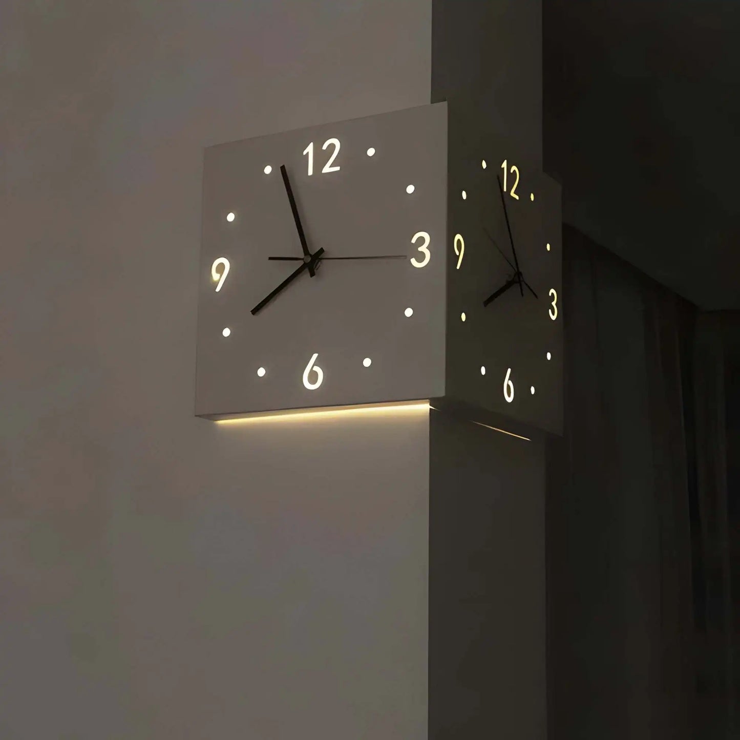 Corner Modern Double-Sided Luminous Sensor Wall Clock Mute Quartz