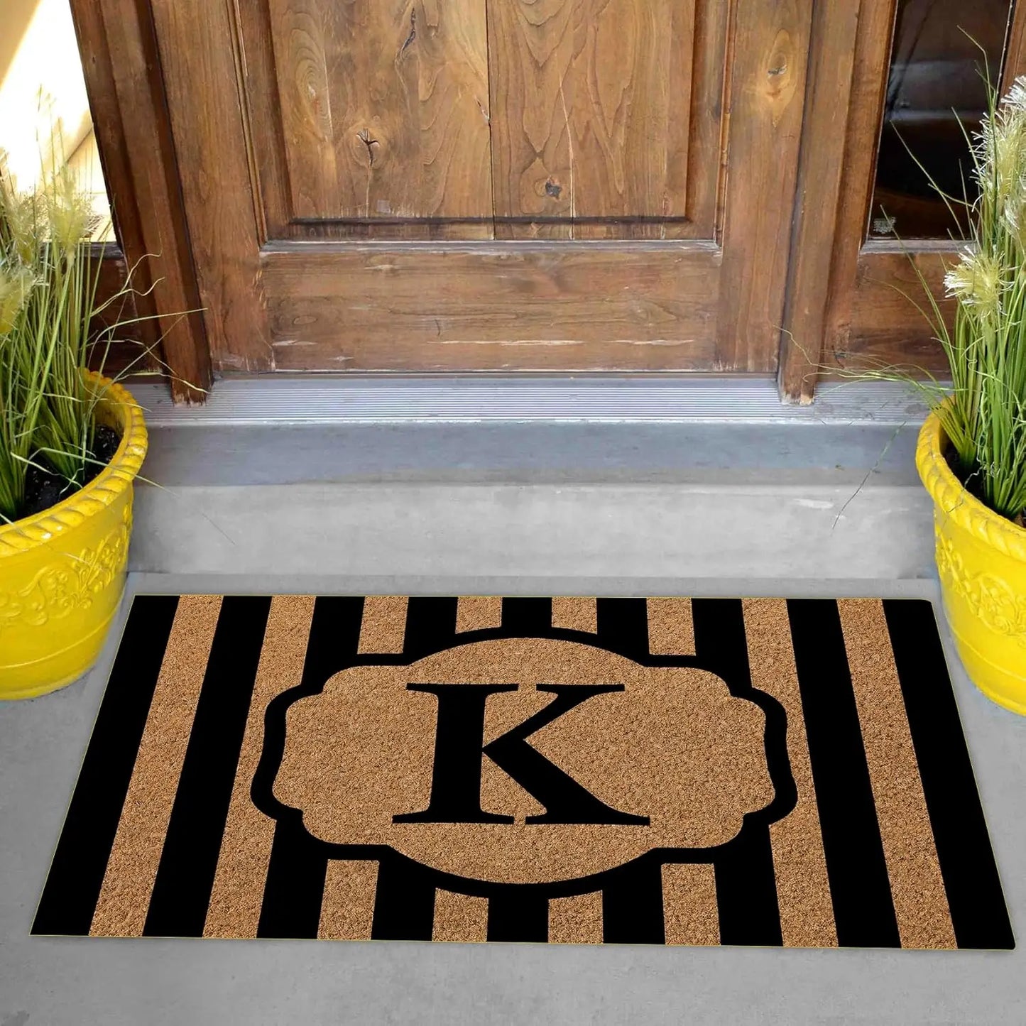 Personalized Striped Initial Doormat With Durable Rubber Base