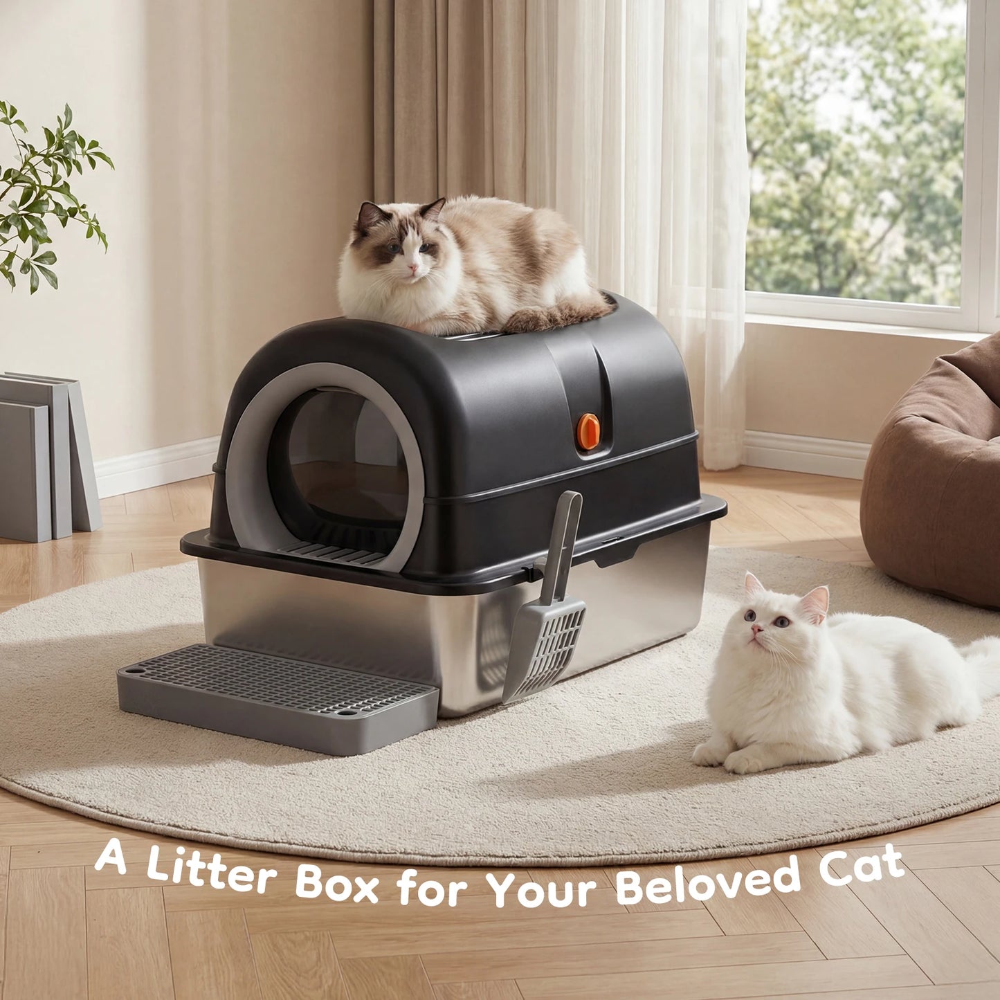 Enclosed Stainless Steel Cat Litter Box With Scoop And Pad