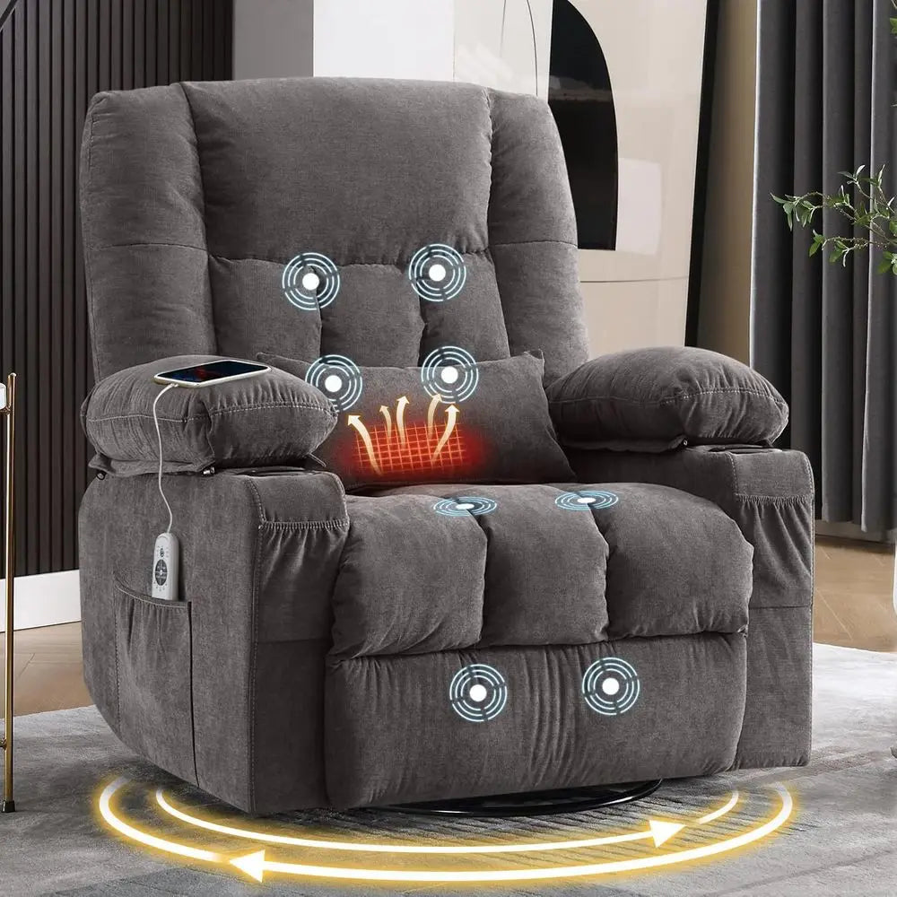 Swivel Recliner Chair With Vibration Massage Lumbar Heating USB Port
