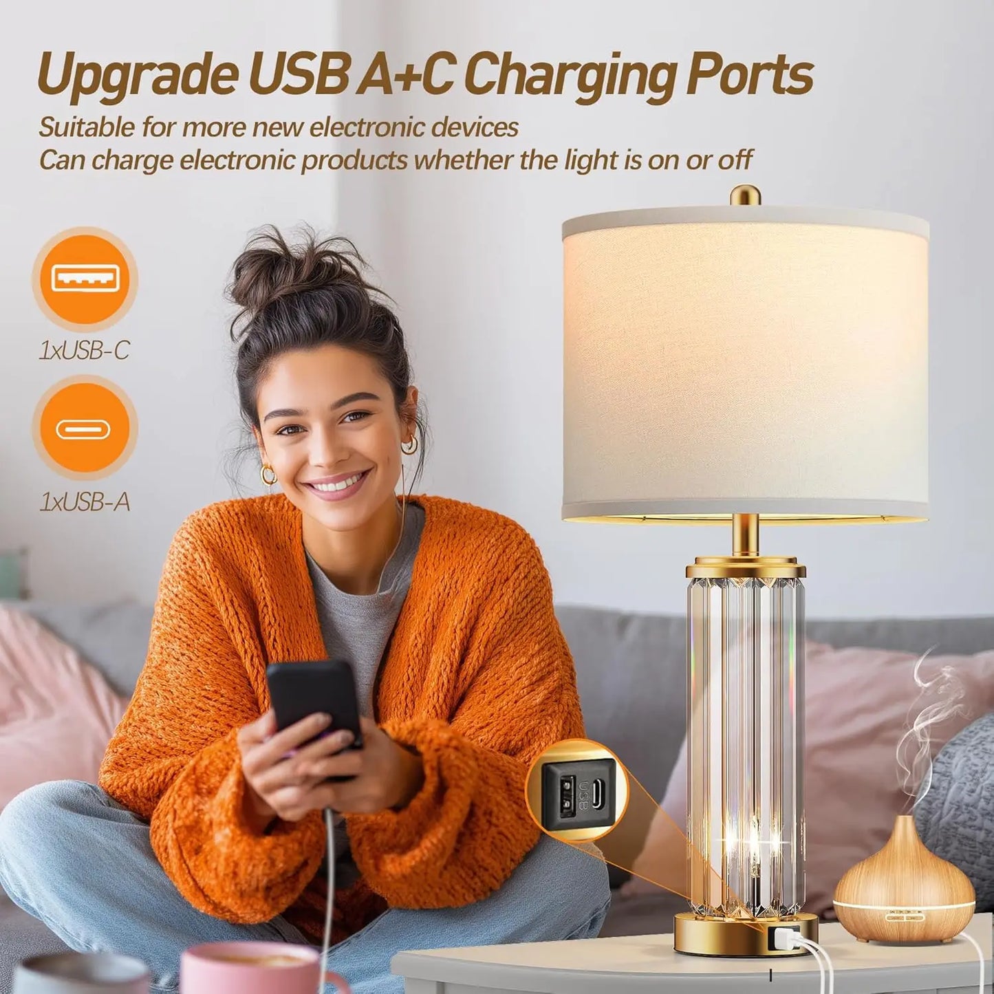 Bedside Table Lamps Set Of 2 With Nightlight USB Ports