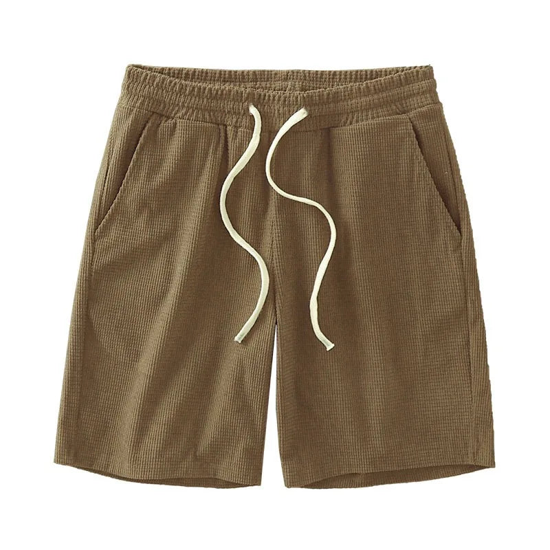 Men's Mid Waist Waffle Texture Casual Shorts With Drawstring