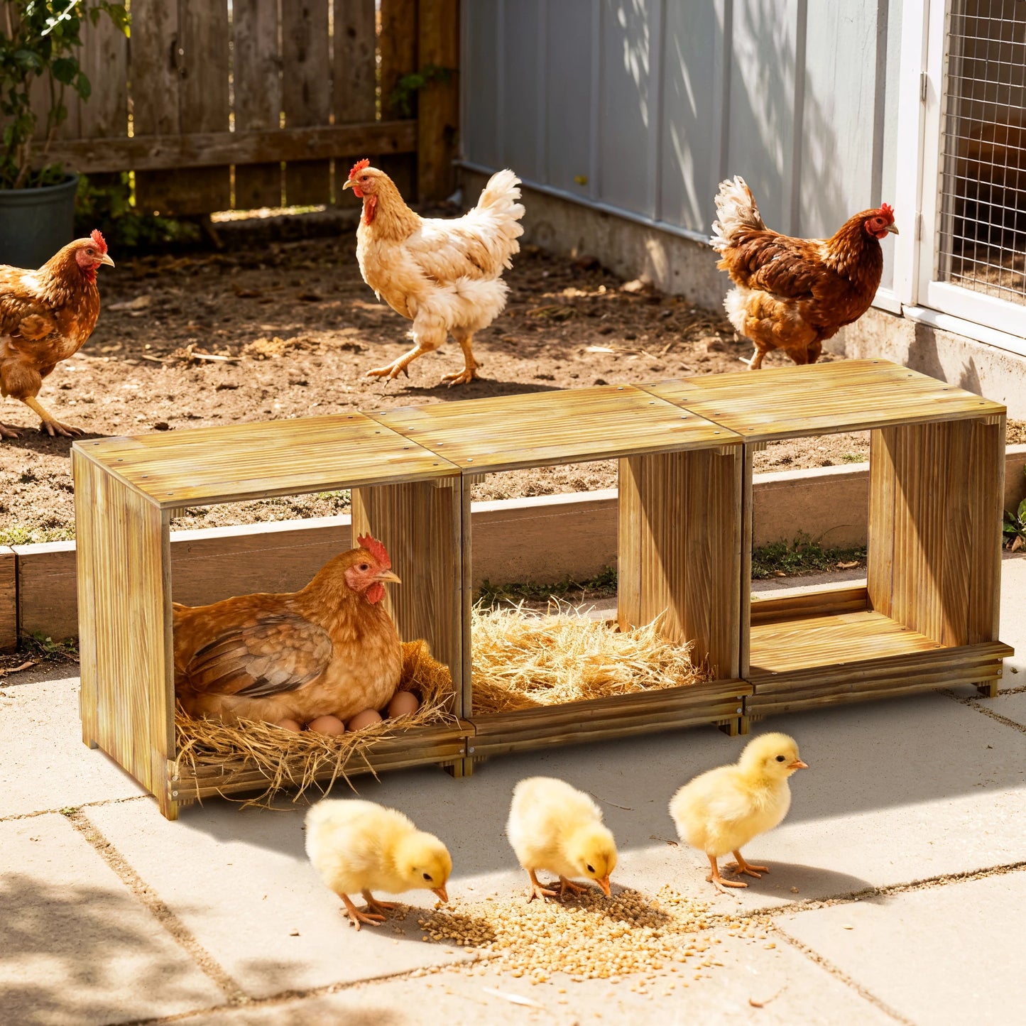 Borwart 3 Compartment Pine Wood Chicken Nesting Box For Poultry