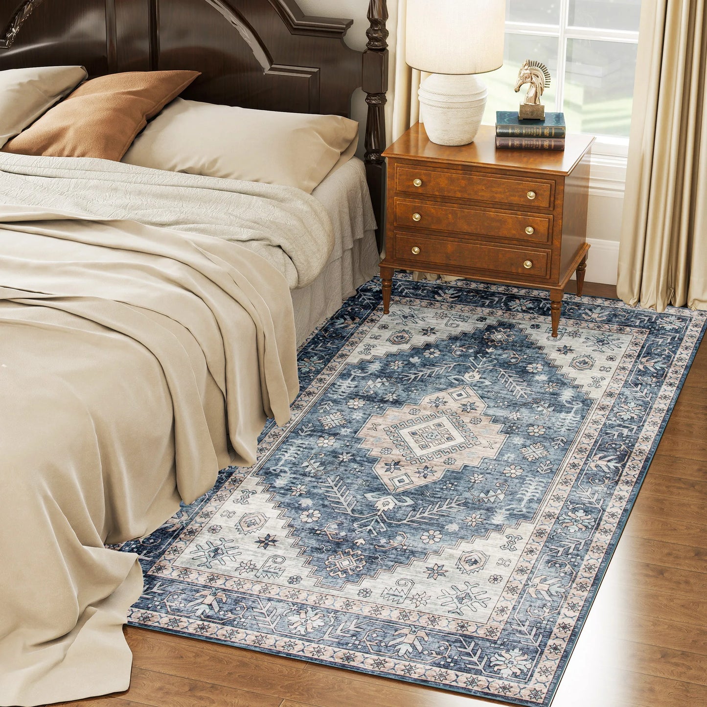 Machine Washable Area Rug With Vintage Medallion Distressed Design