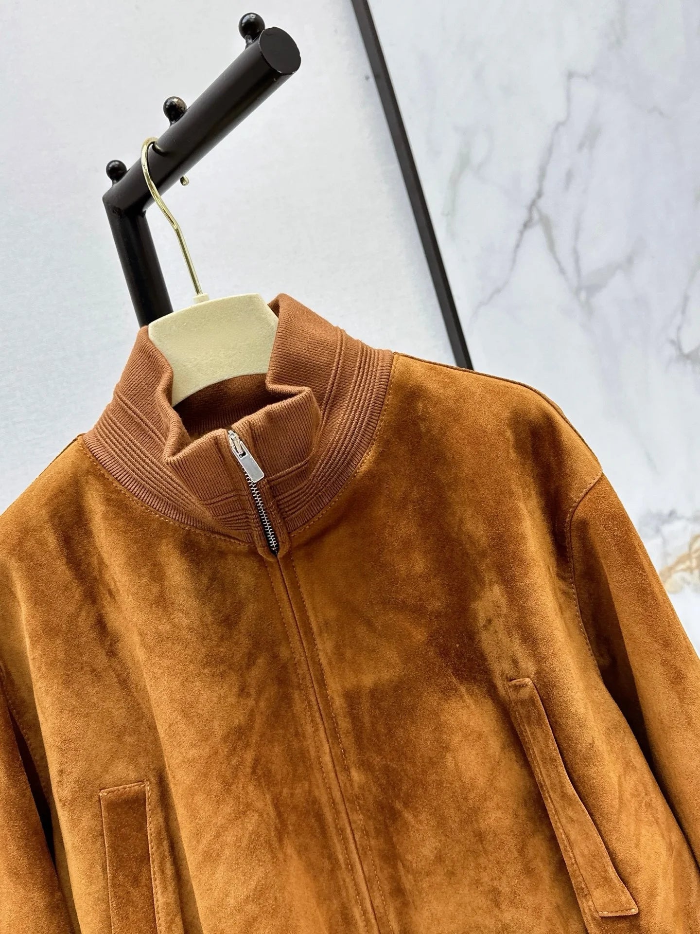 Womens Leather Stand Collar Long Sleeve Zipper Jacket