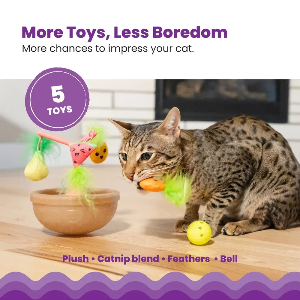 Wobbling Cat Toy Fruit Bowl With Five Interactive Catnip Toys