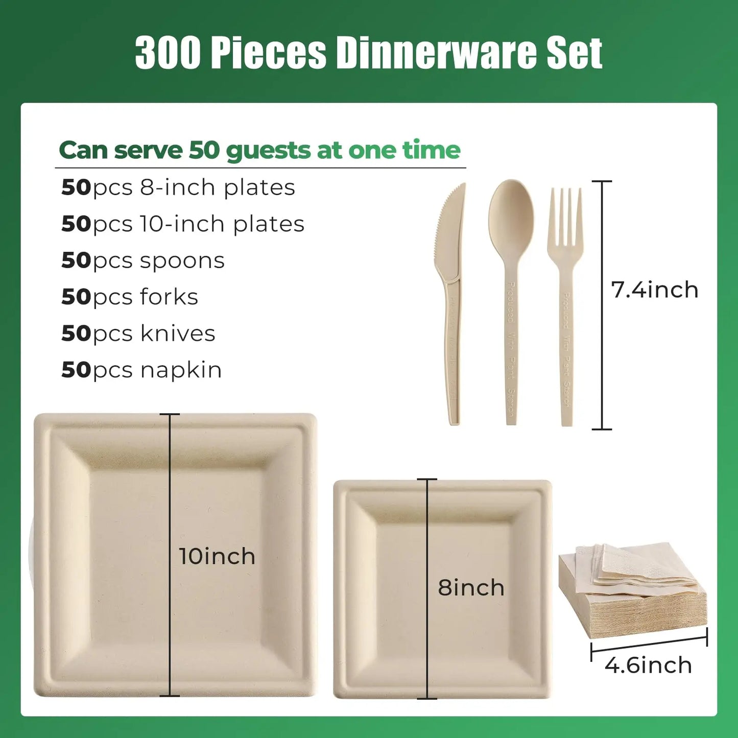 BONJEAN Disposable Paper Plates Set 300Pcs Sugarcane Utensils Compostable
