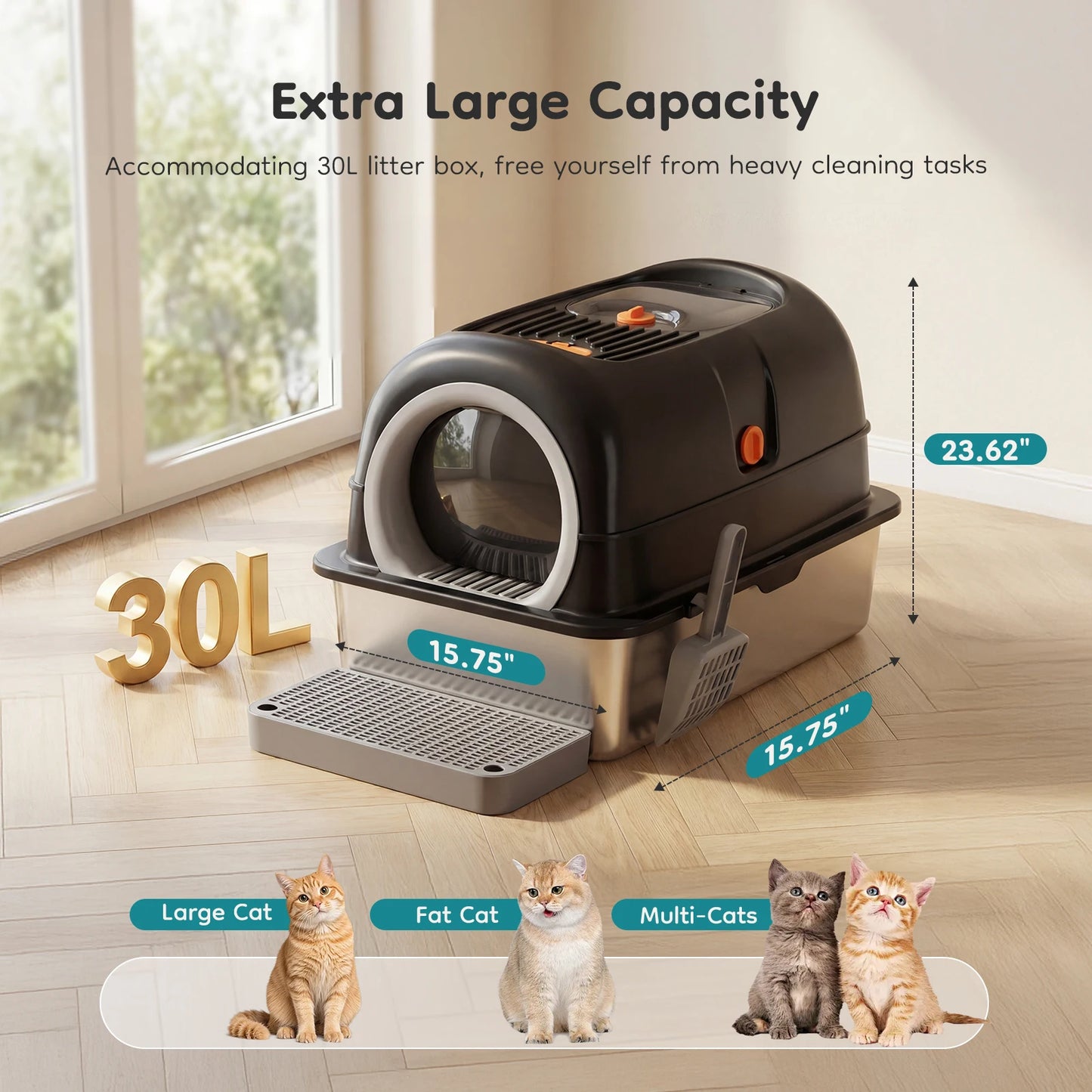 Enclosed Stainless Steel Cat Litter Box With Scoop And Pad
