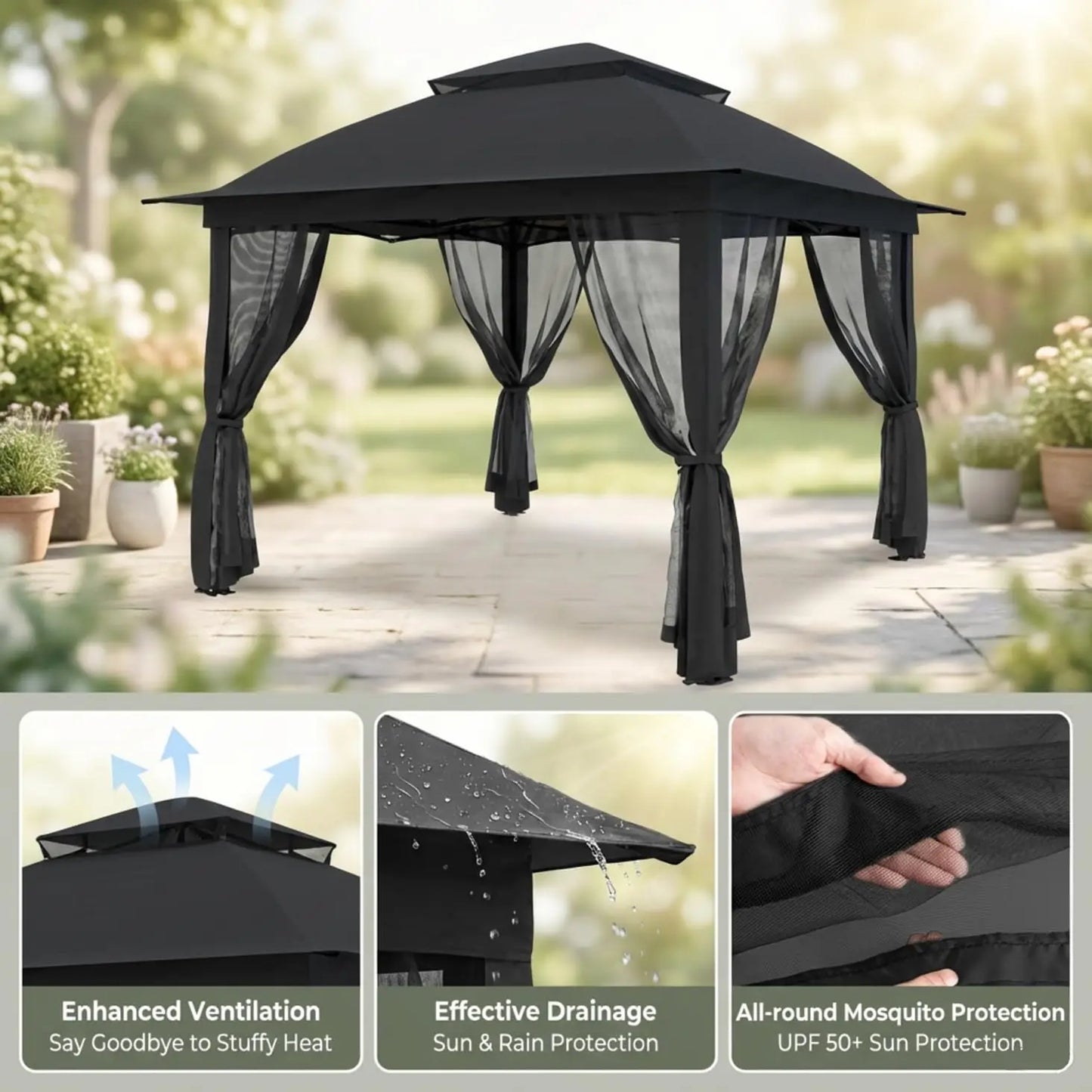 Heavy-Duty Gazebo With Mosquito Netting And Double Roofs