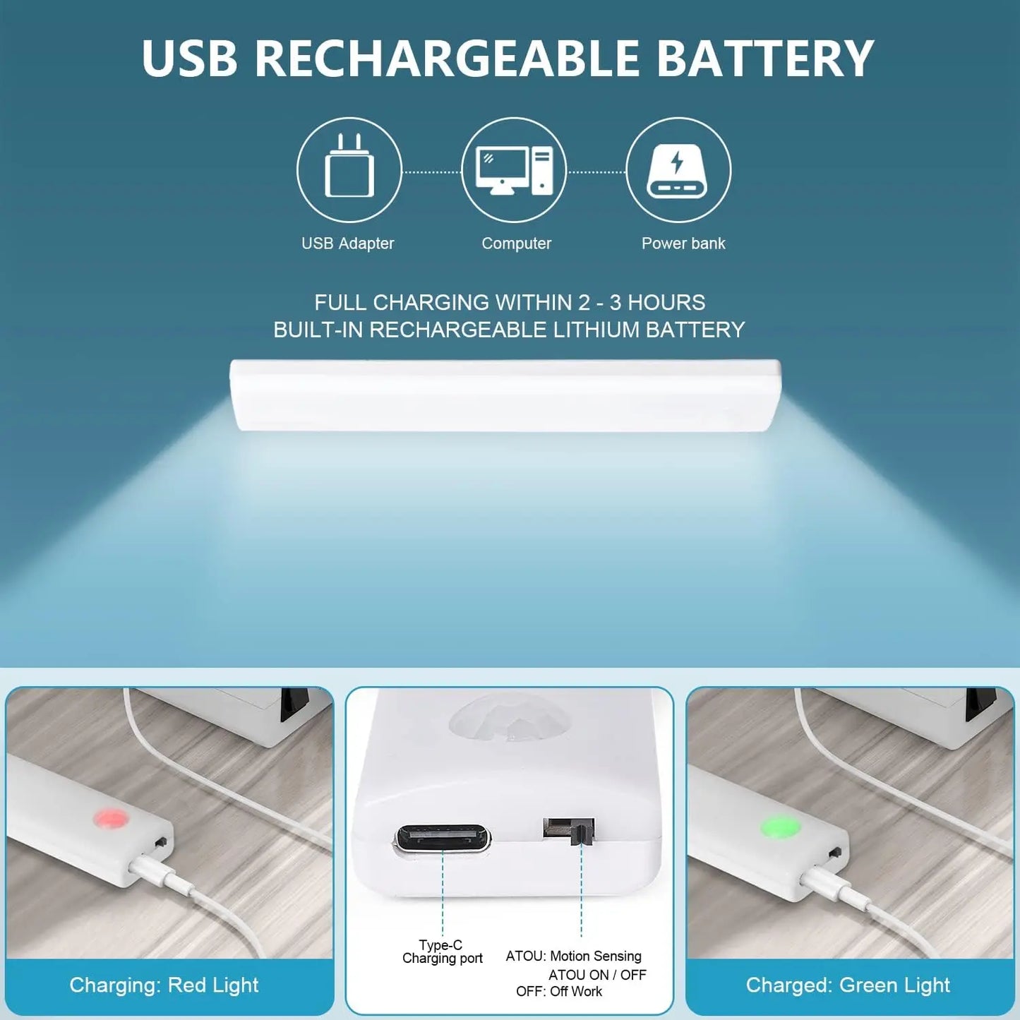 3-Pack Motion Sensor LED Cabinet Lighting USB Rechargeable Magnetic Mount