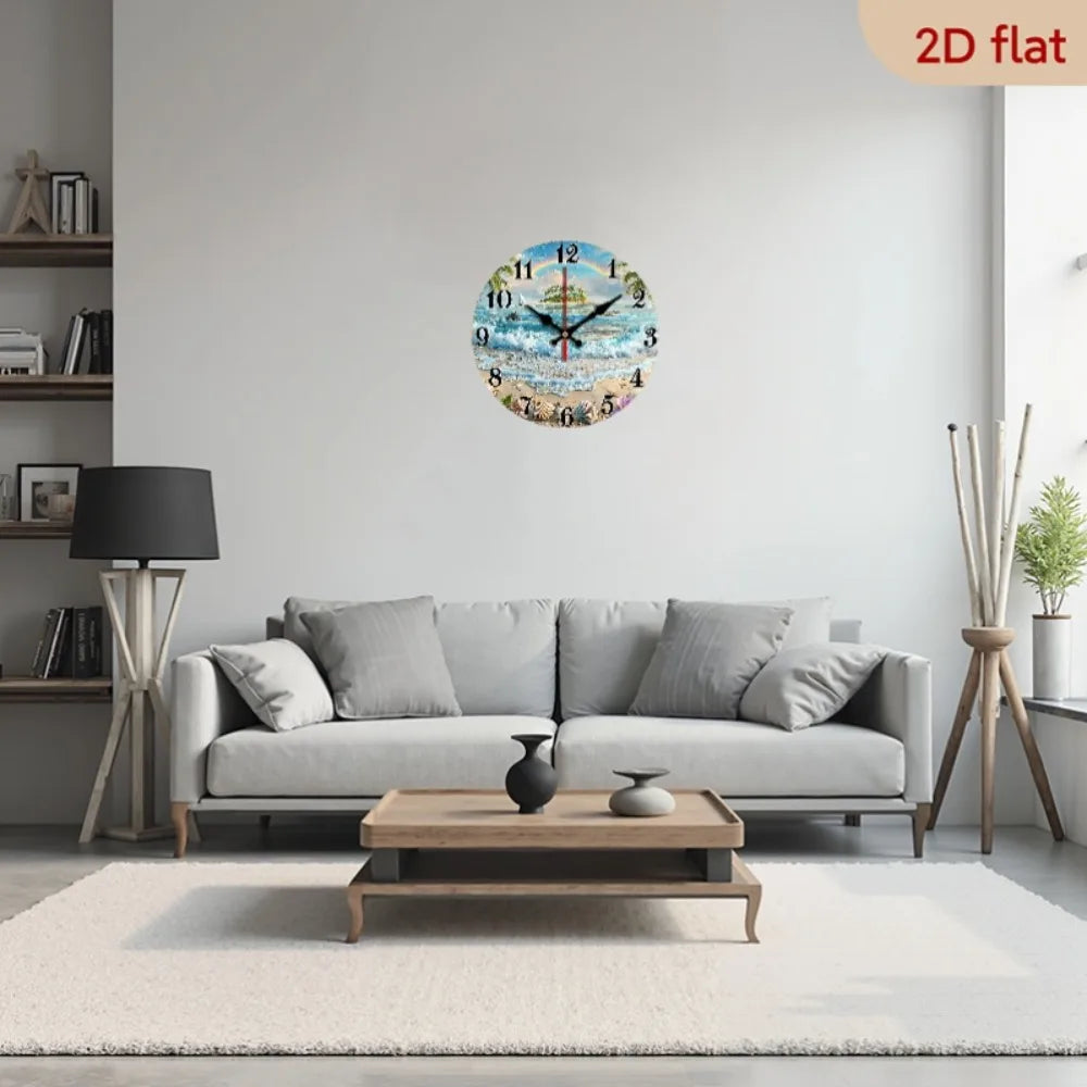 XMSJ Round Wooden Wall Clock Featuring Tropical Beach Dolphin Art