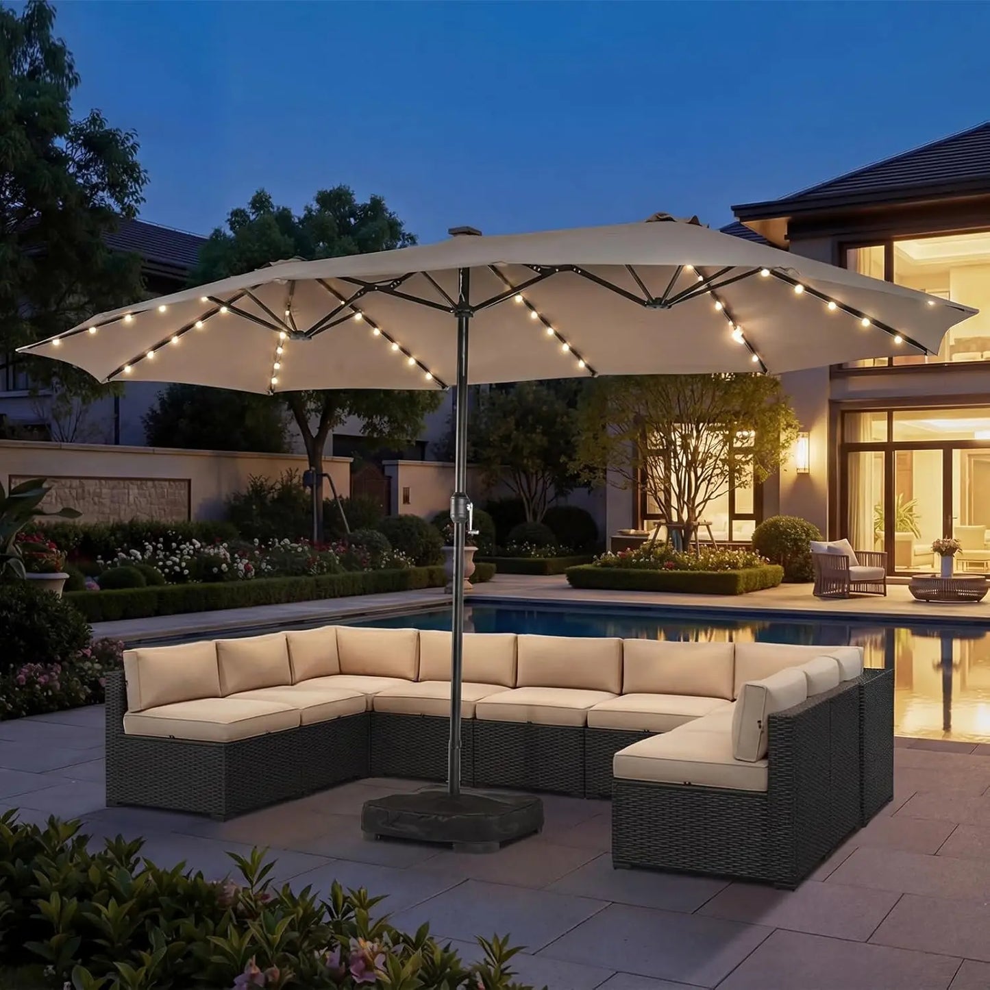 Patio DoubleSided Rectangular Umbrella With Crank And Base