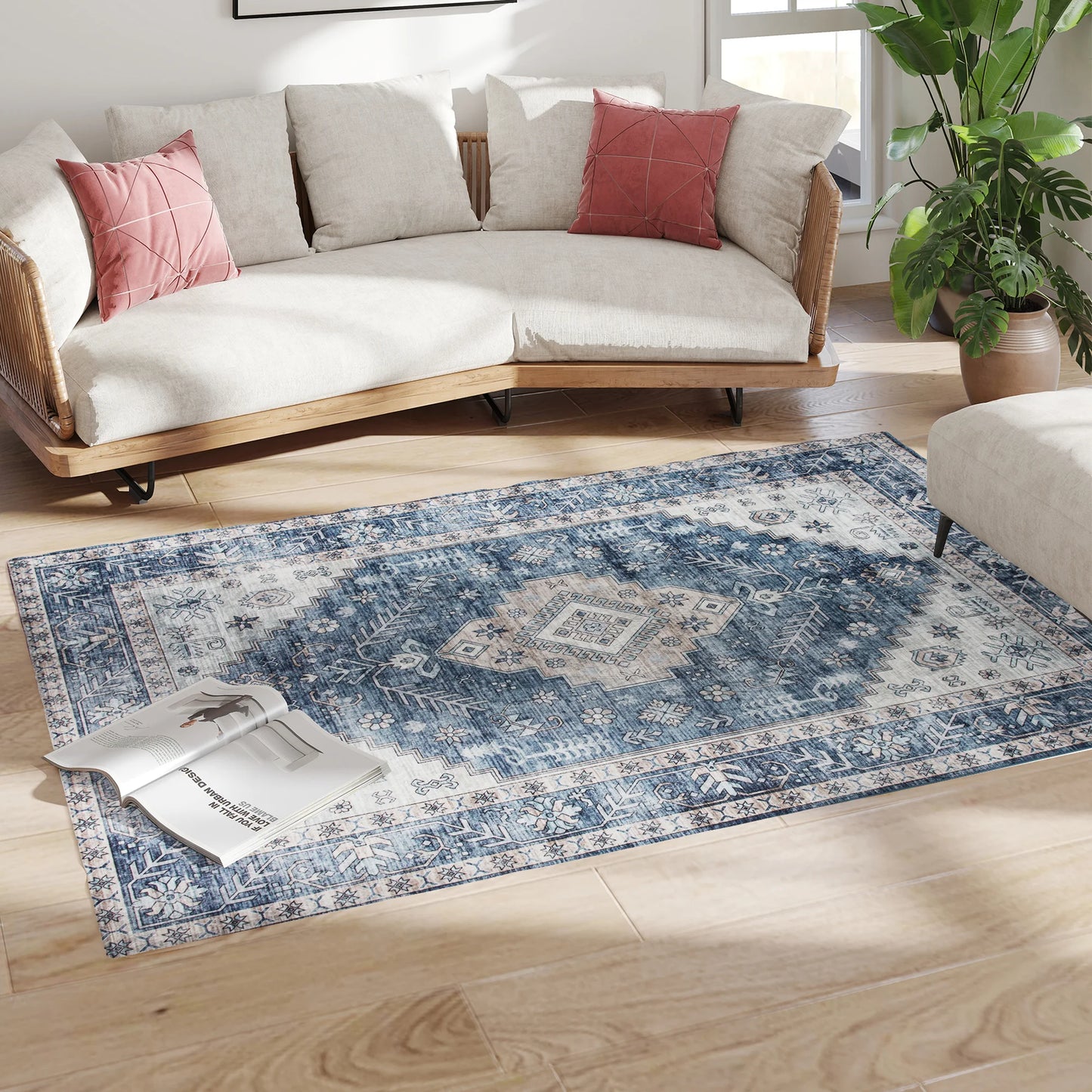 Machine Washable Area Rug With Vintage Medallion Distressed Design