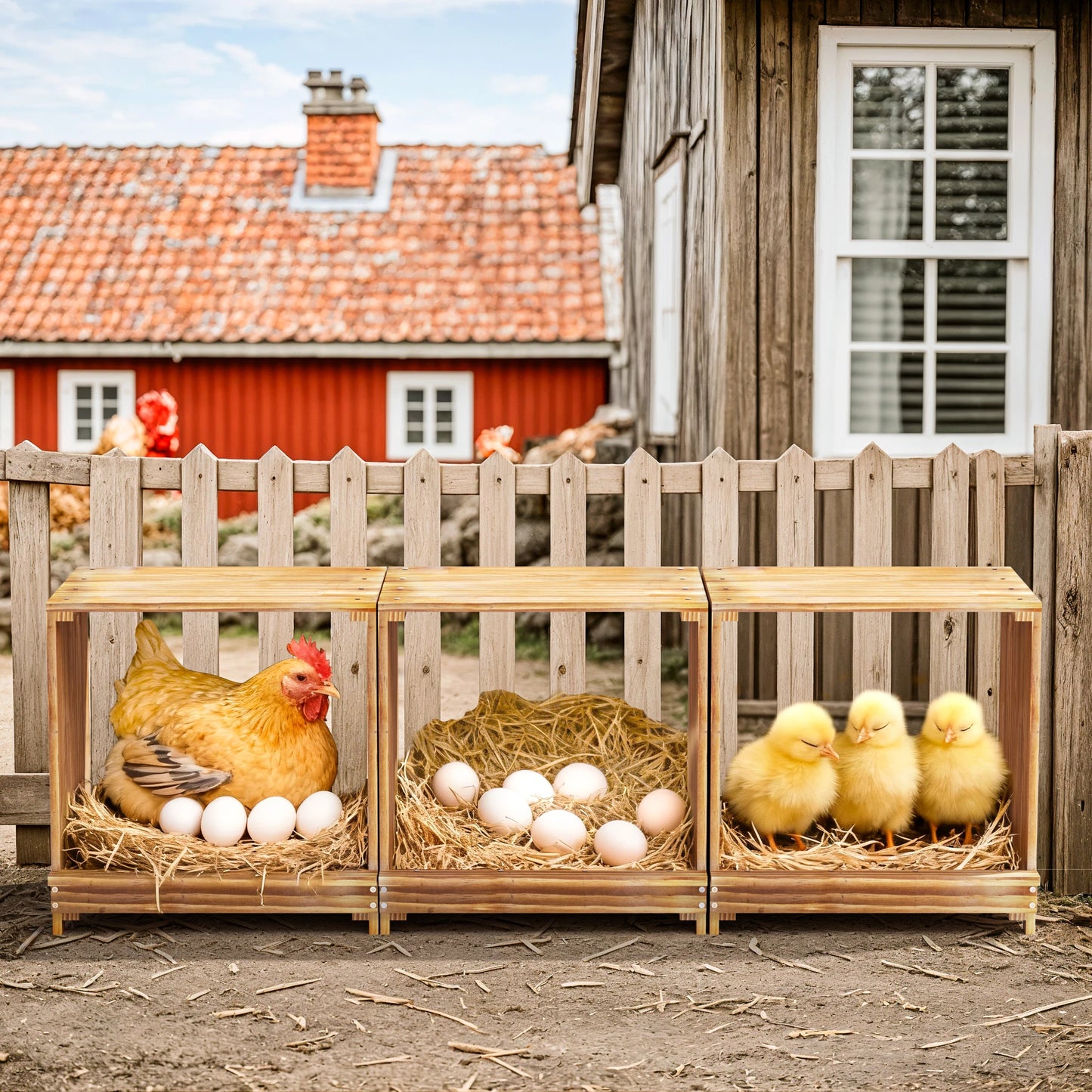 Borwart 3 Compartment Pine Wood Chicken Nesting Box For Poultry