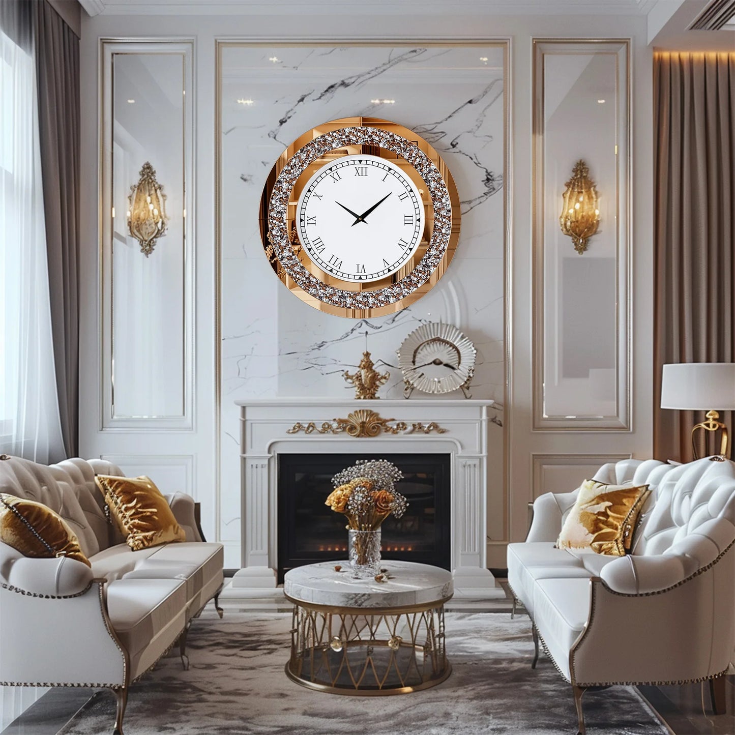 Elegant Round Wall Clock With Crystal Accents For Living Room