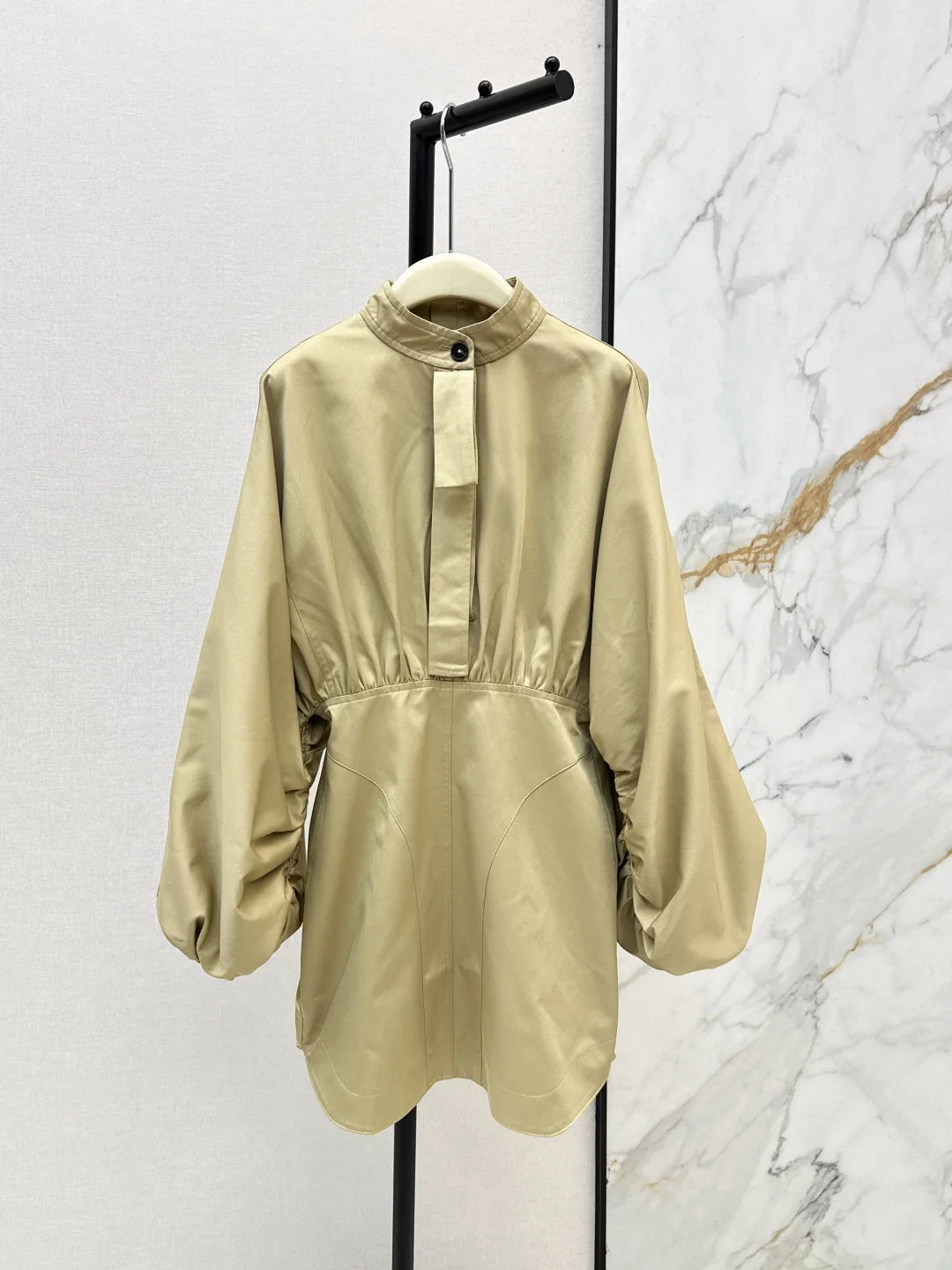 Women's Long Sleeve Pleated Waist Cotton Blend Dress With Zipper
