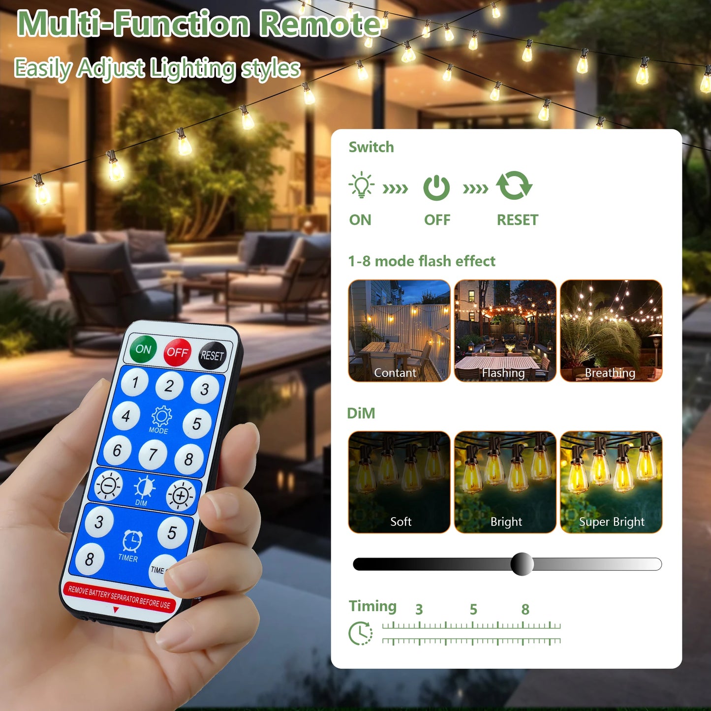 ARLGSITE Solar Outdoor LED String Lights IP65 Waterproof Patio