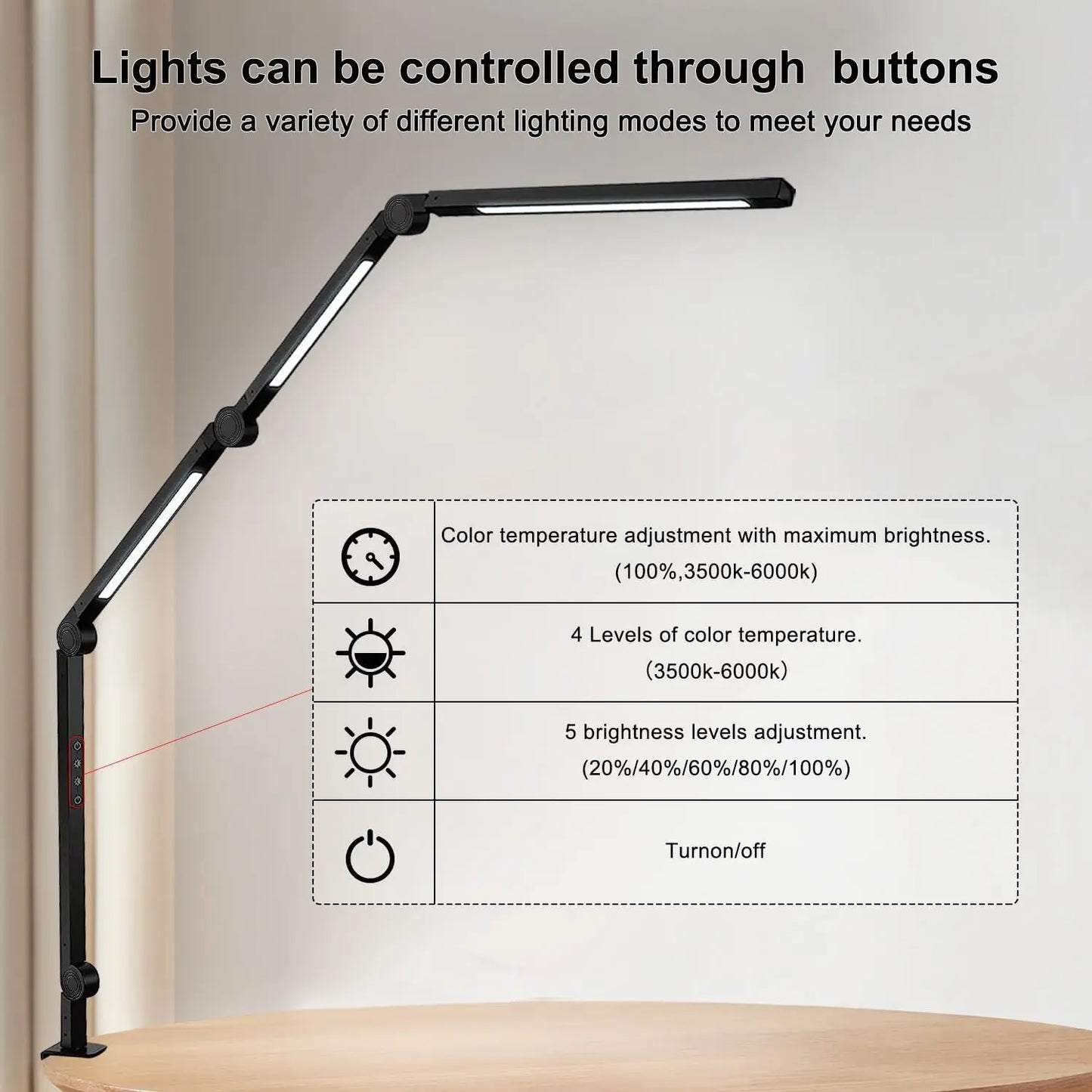 LED Desk Lamp With Clamp Flexible Swing Arm 4 Color Modes 5 Brightness