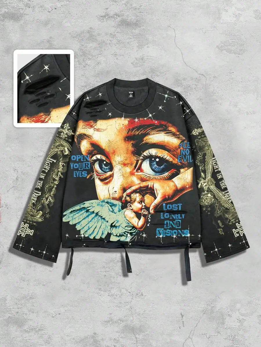 Men's Vintage Distressed Graphic Long Sleeve Tee Streetwear Inspired