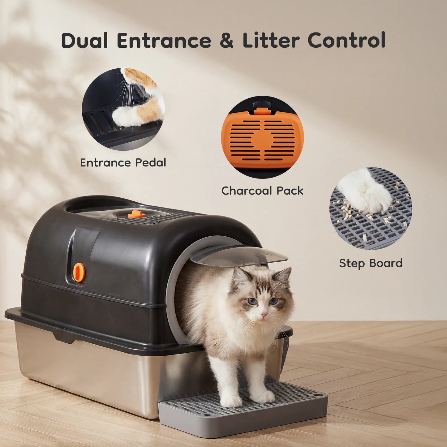 Enclosed Stainless Steel Cat Litter Box With Scoop And Pad