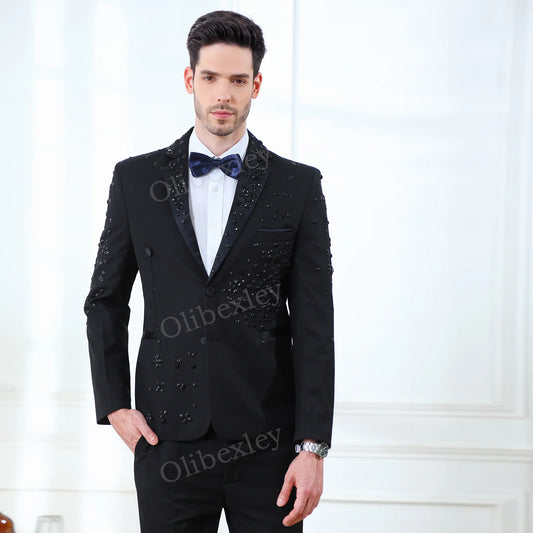 Olibexley Upscale Men's Beaded Crystal Two Piece Suit