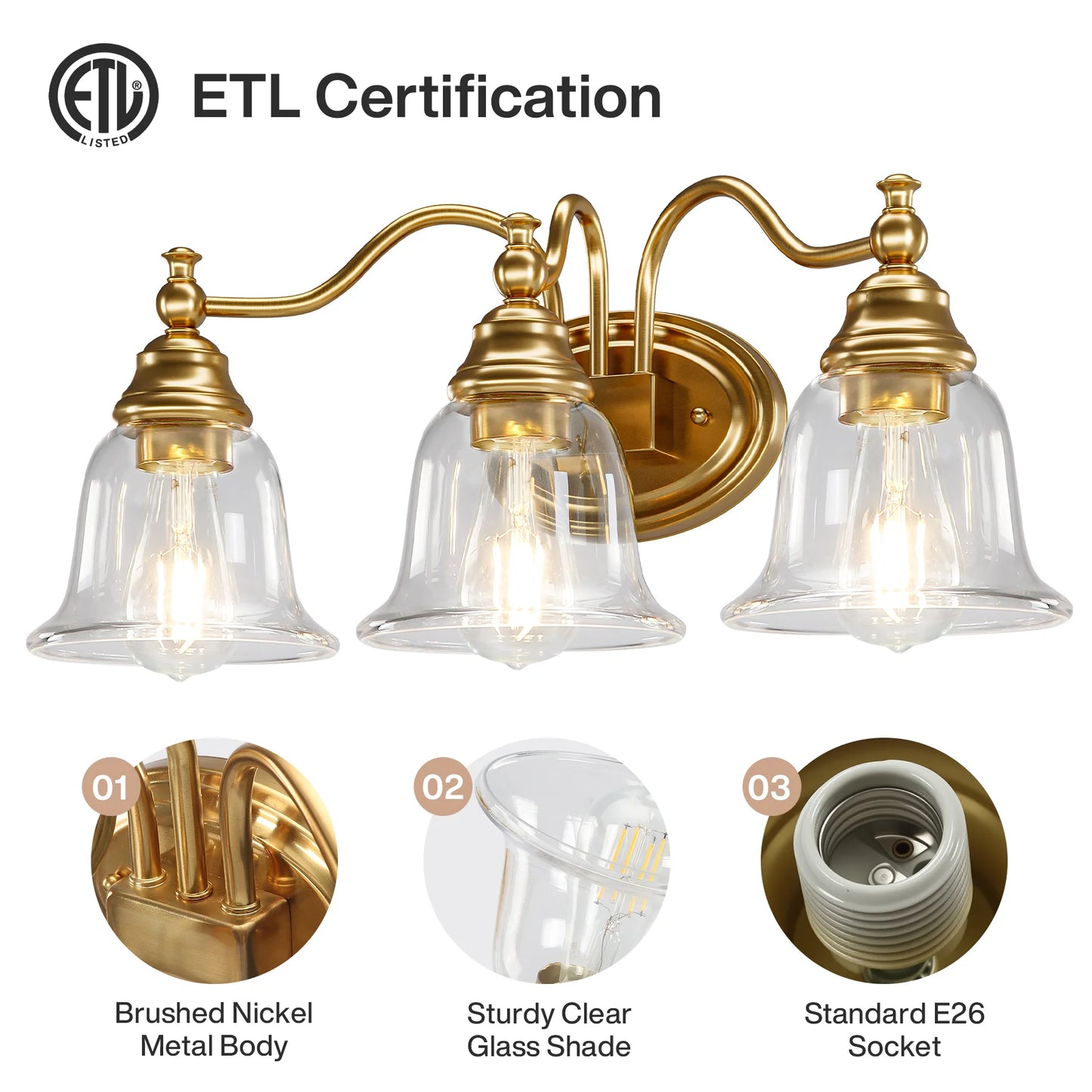 Tribesigns 3 Light Vanity Bathroom Fixture With Clear Glass Shades