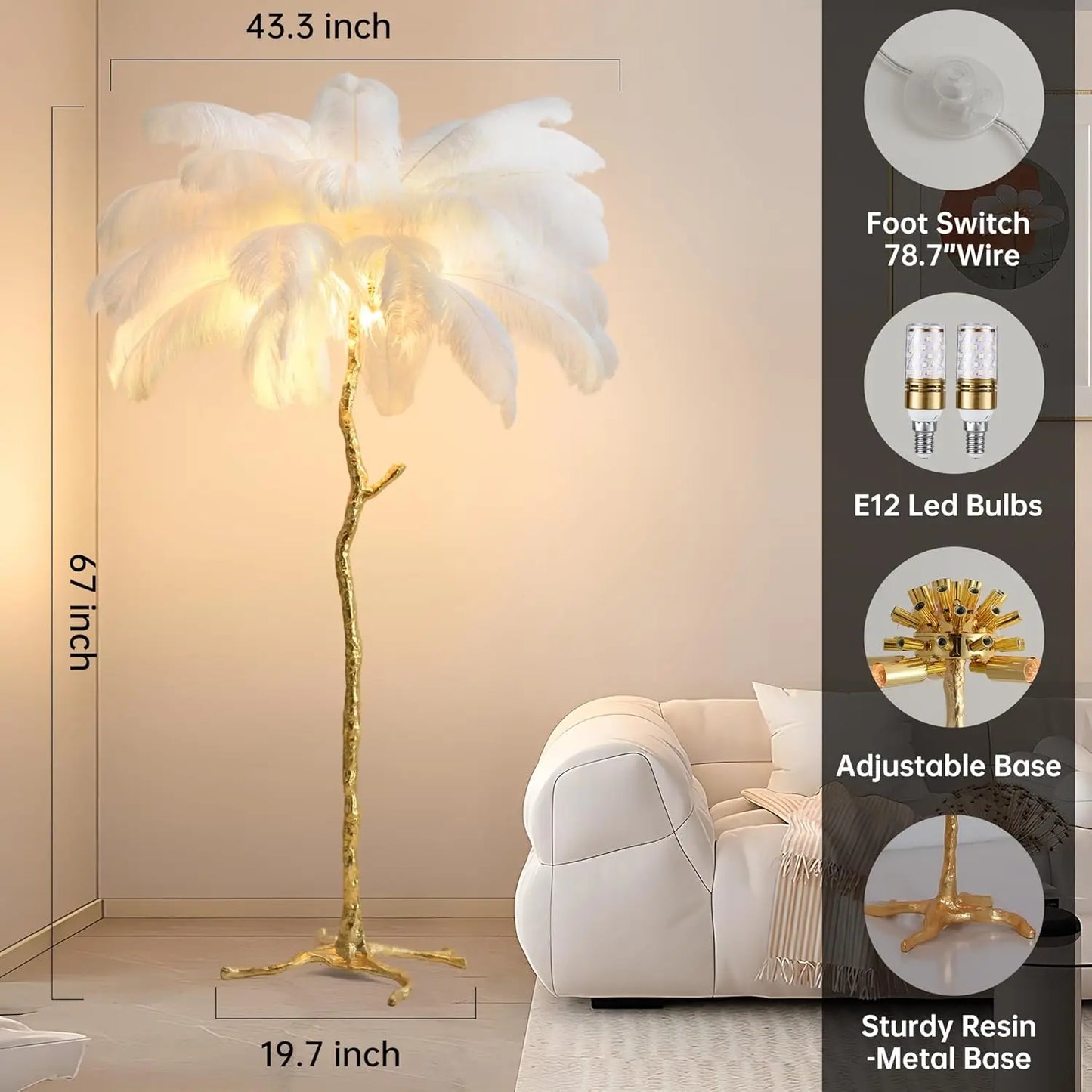 Luxury Resin Ostrich Feather Floor Lamp for Living Room Decor