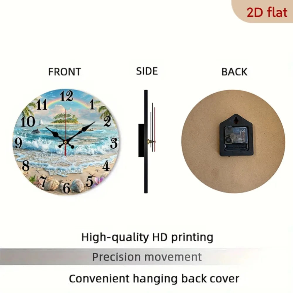 XMSJ Round Wooden Wall Clock Featuring Tropical Beach Dolphin Art