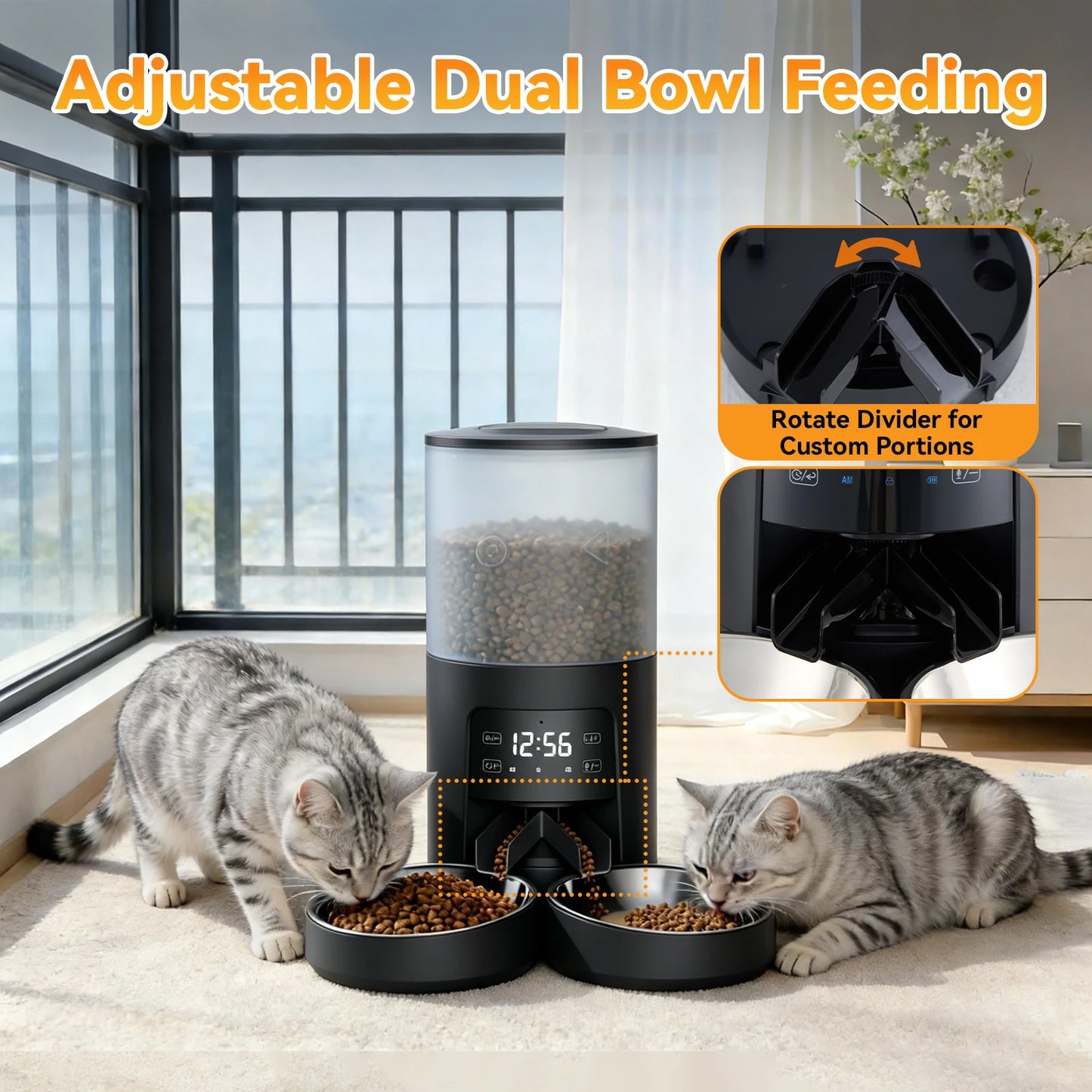 Automatic Cat Food Dispenser With Stainless Steel Double Bowls