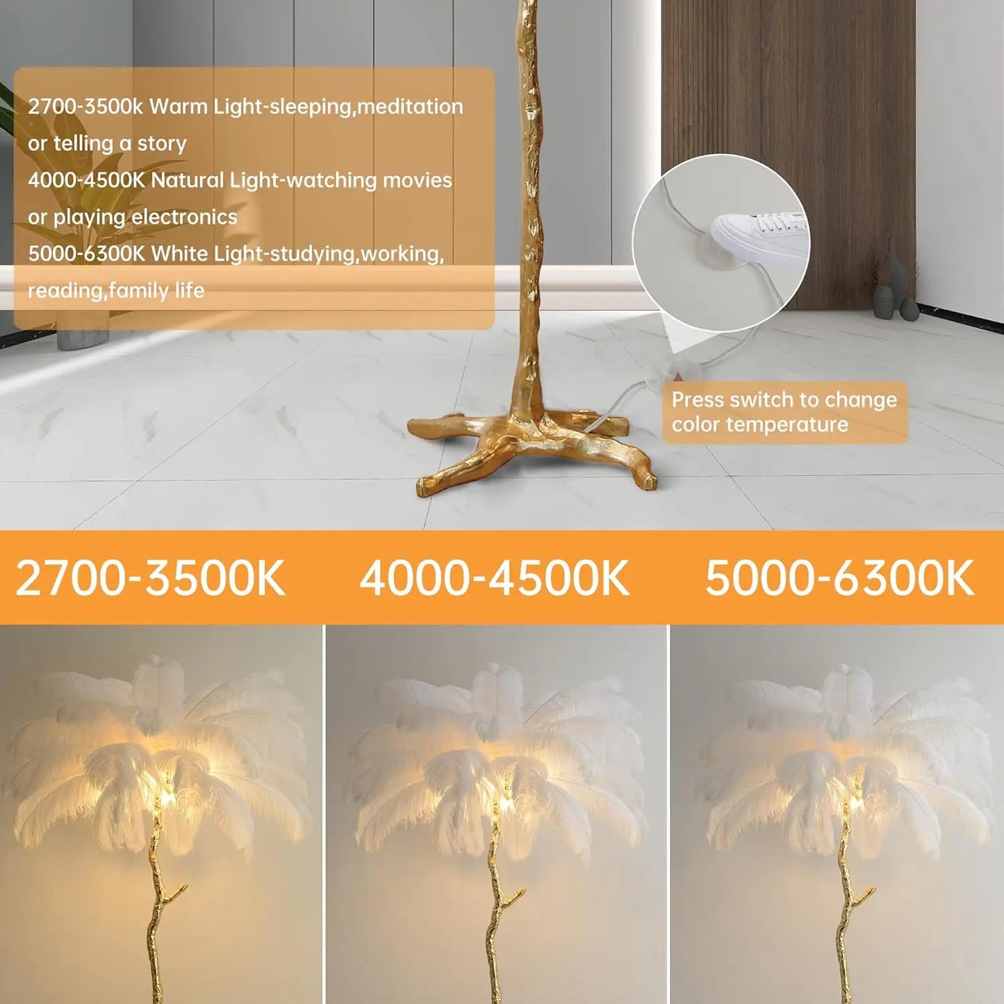 Luxury Resin Ostrich Feather Floor Lamp for Living Room Decor