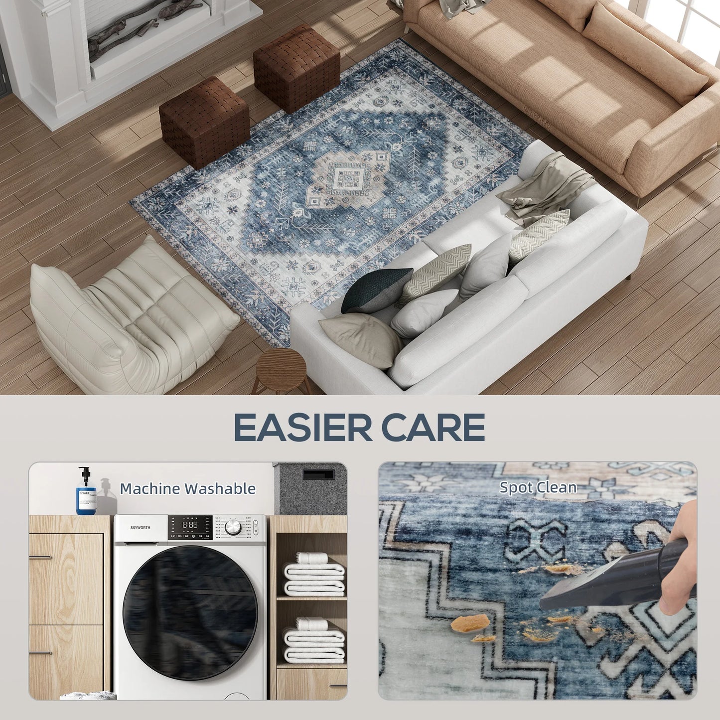 Machine Washable Area Rug With Vintage Medallion Distressed Design
