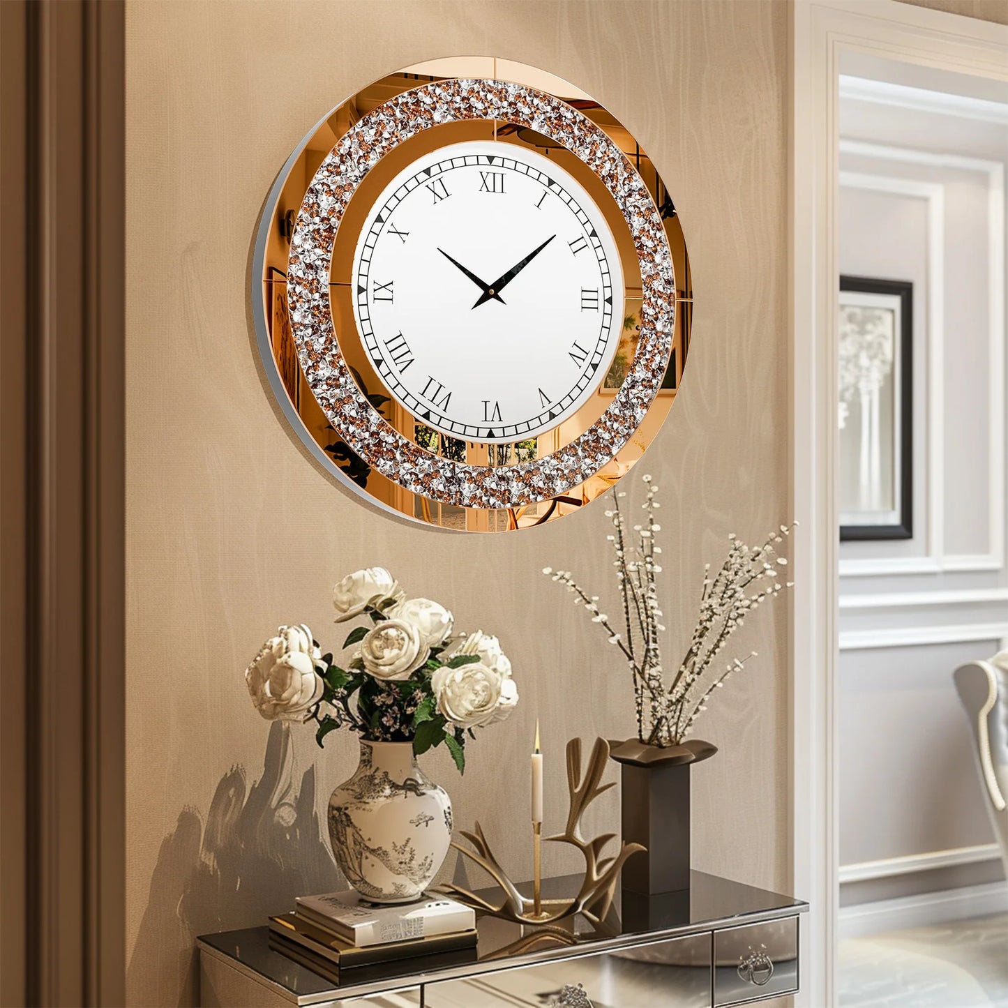 Elegant Round Wall Clock With Crystal Accents For Living Room