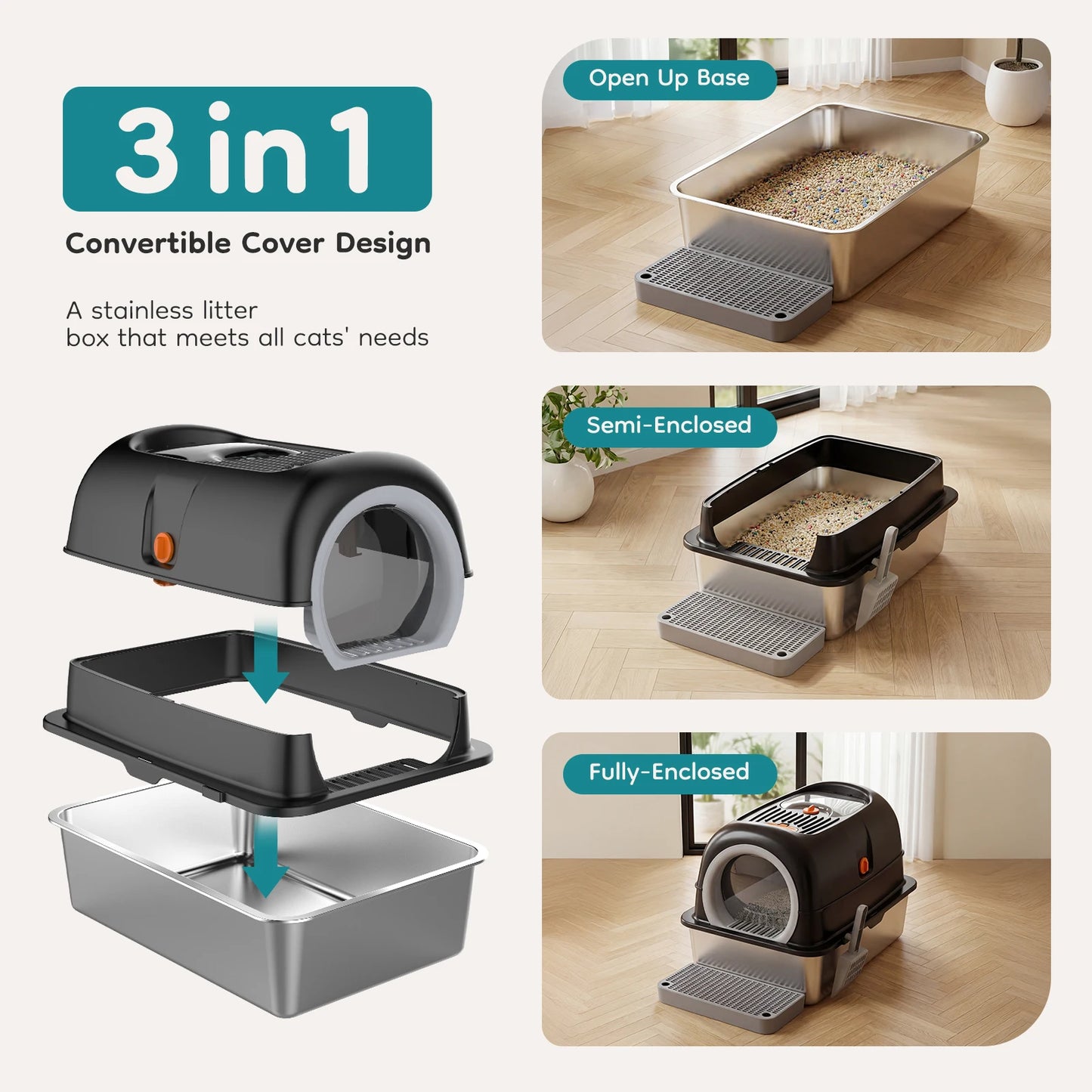 Enclosed Stainless Steel Cat Litter Box With Scoop And Pad