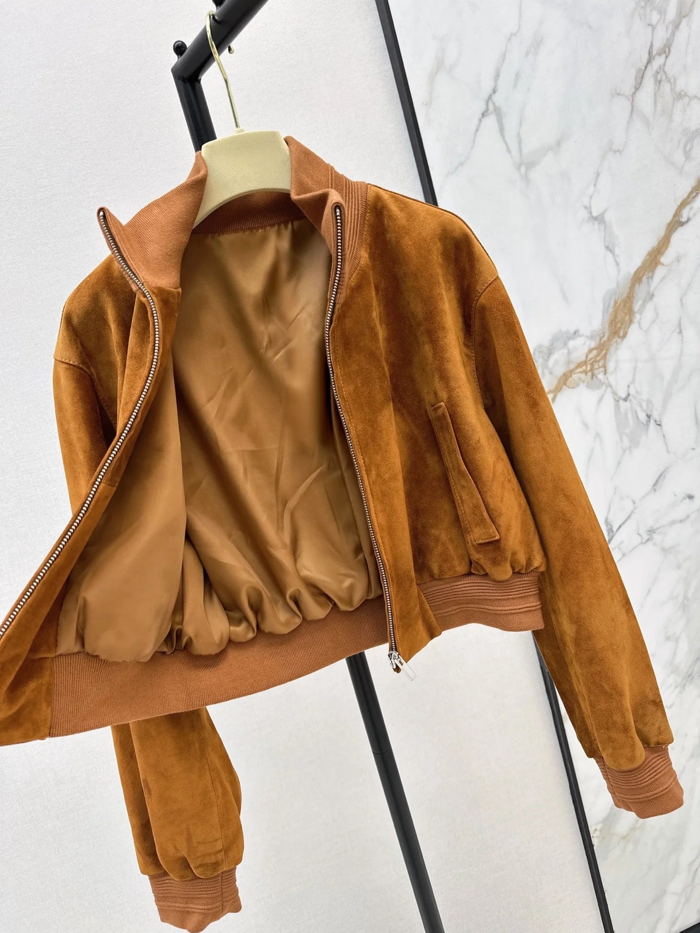 Womens Leather Stand Collar Long Sleeve Zipper Jacket