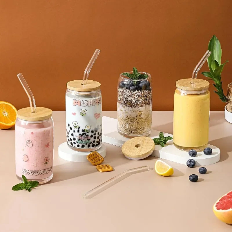 Glass Cups With Bamboo Lids And Straws Beer Shaped Tumblers