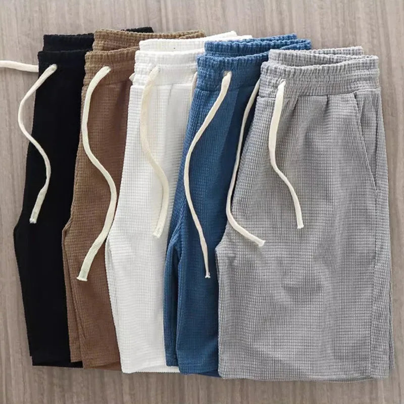 Men's Mid Waist Waffle Texture Casual Shorts With Drawstring