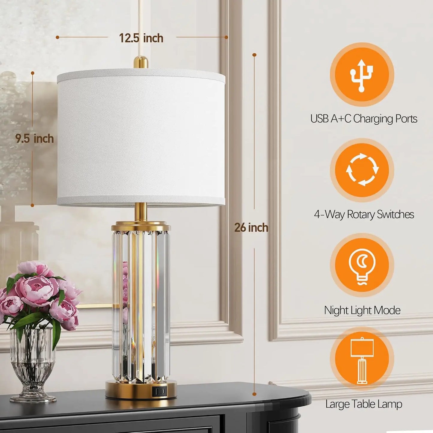 Bedside Table Lamps Set Of 2 With Nightlight USB Ports