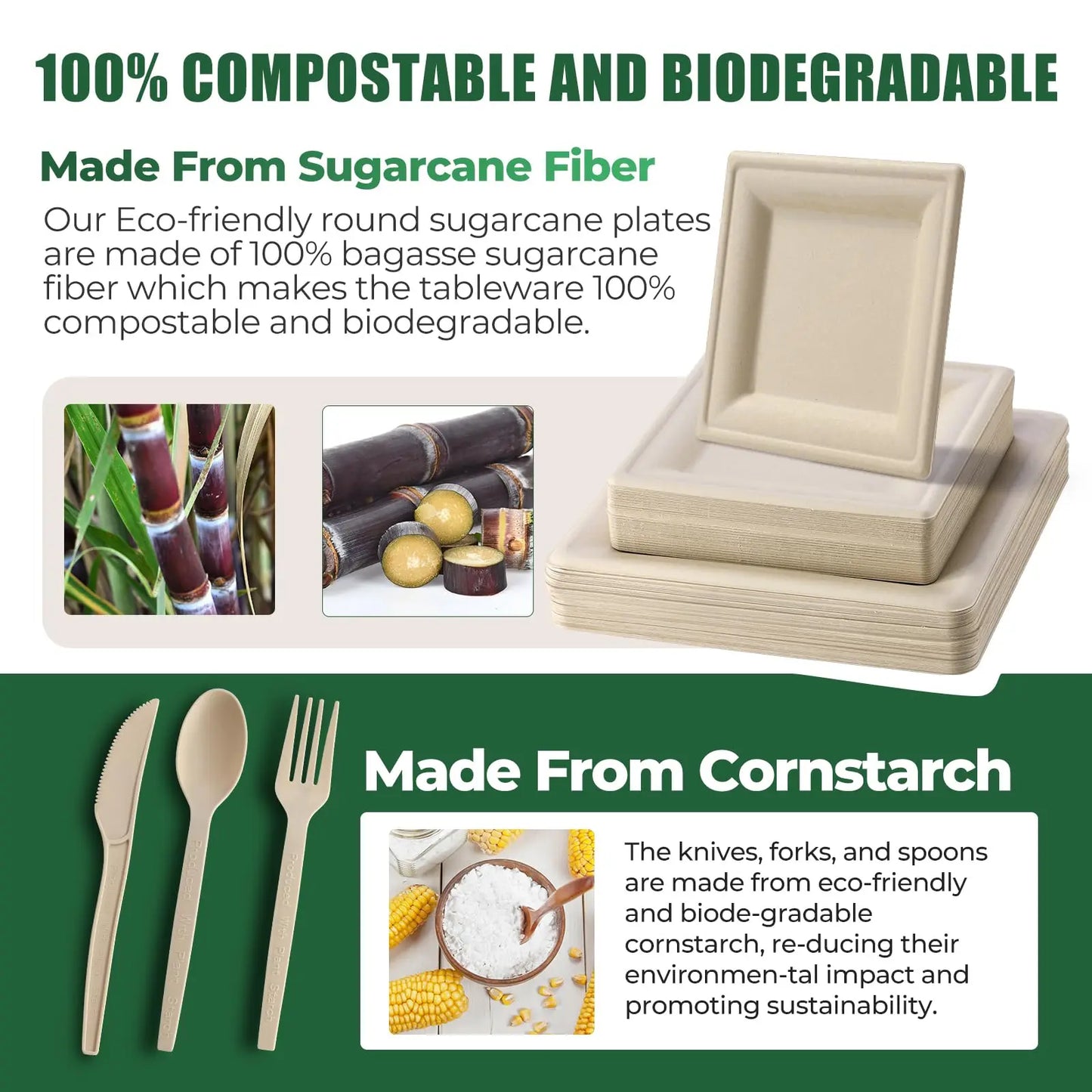 BONJEAN Disposable Paper Plates Set 300Pcs Sugarcane Utensils Compostable