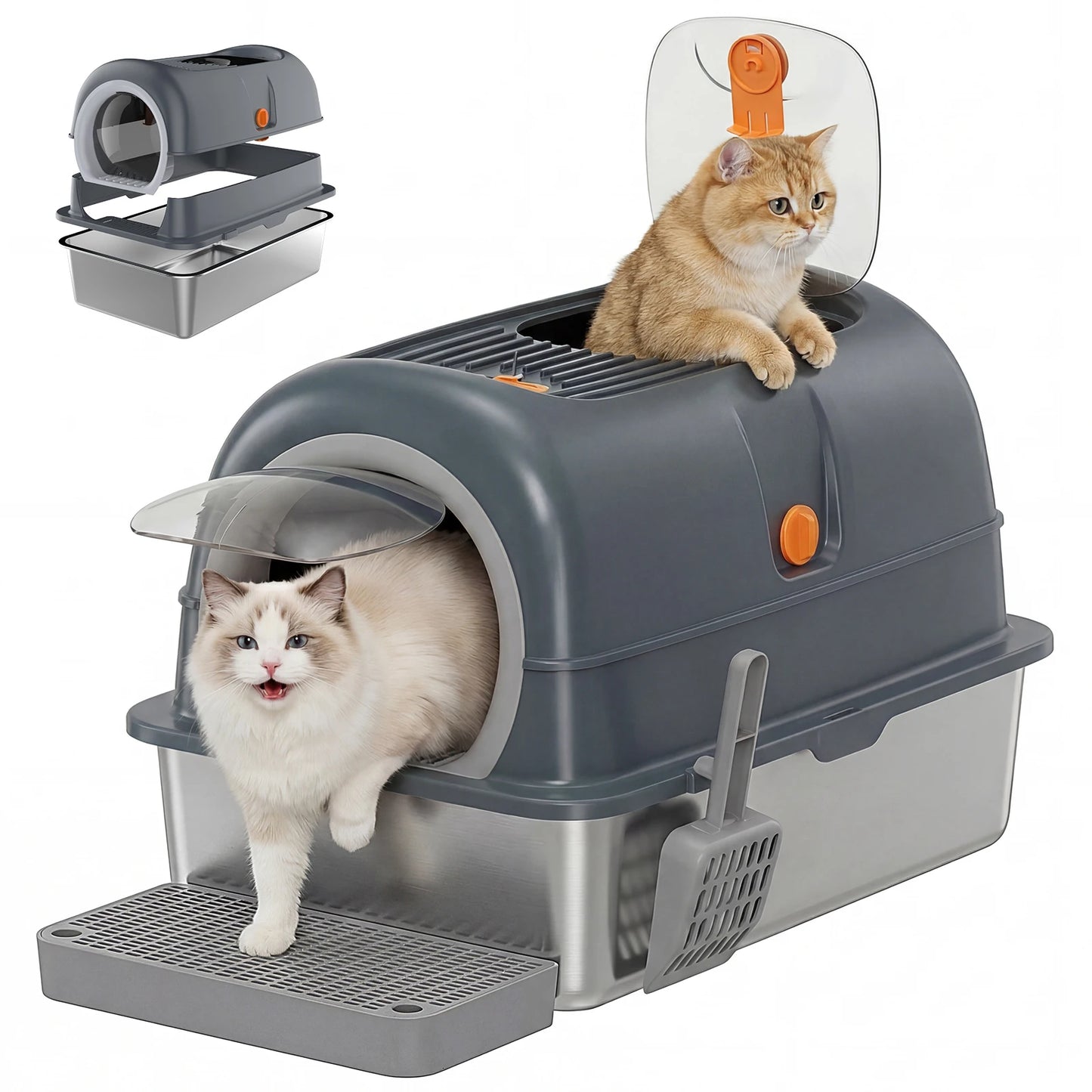 Enclosed Stainless Steel Cat Litter Box With Scoop And Pad