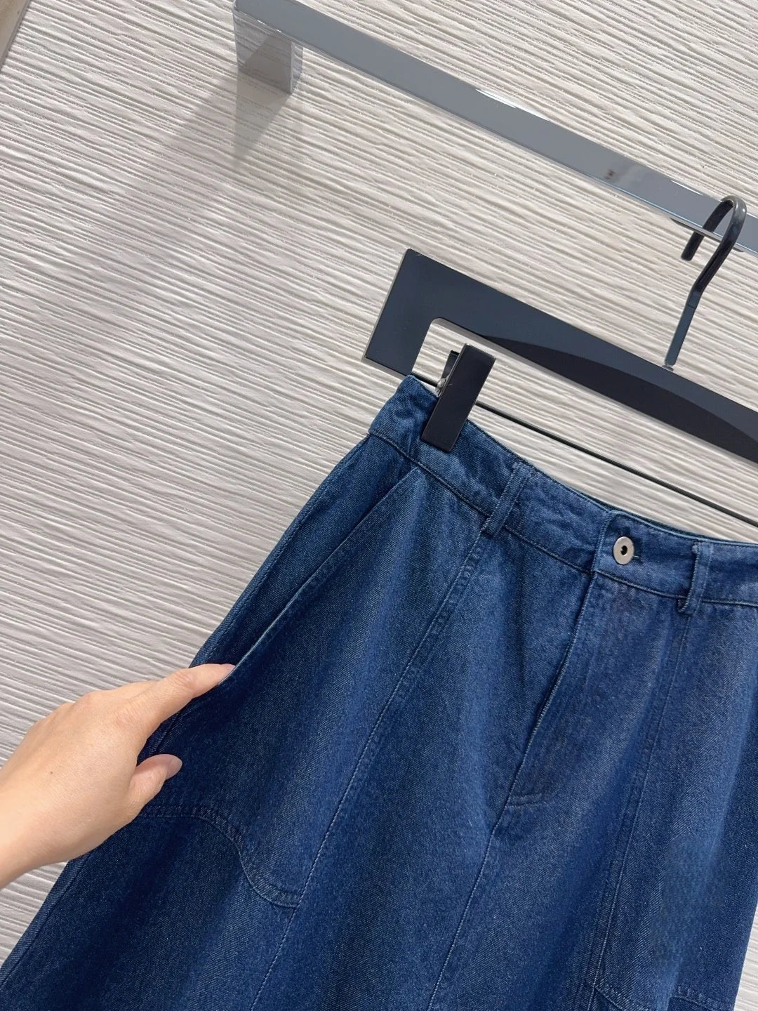 Women Denim Midi Skirt Featuring Front Zipper And Pocket Detail