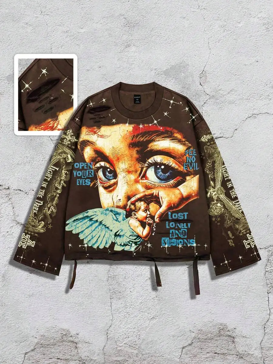 Men's Vintage Distressed Graphic Long Sleeve Tee Streetwear Inspired
