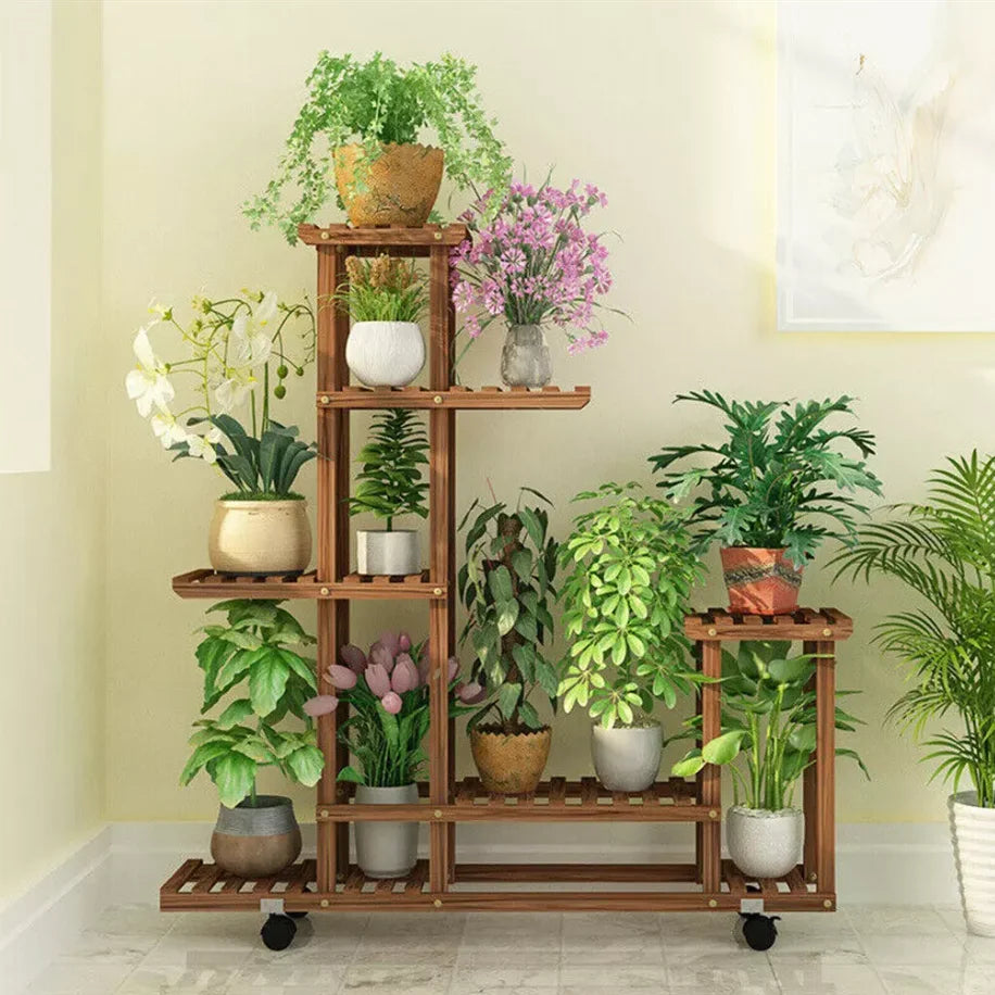 Wisfor Multi-Layer Wood Plant Stand Outdoor Rolling Wheels