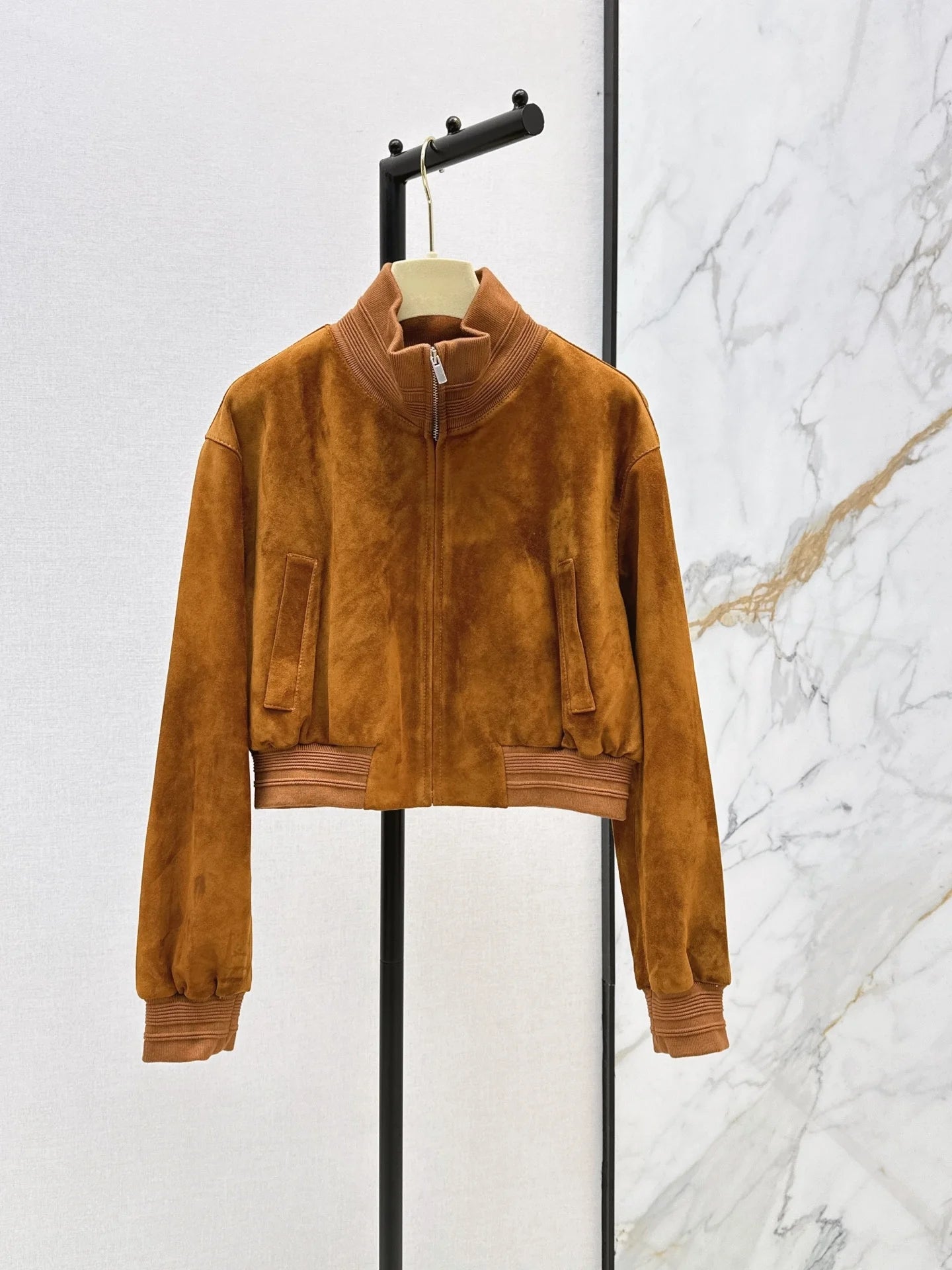 Womens Leather Stand Collar Long Sleeve Zipper Jacket
