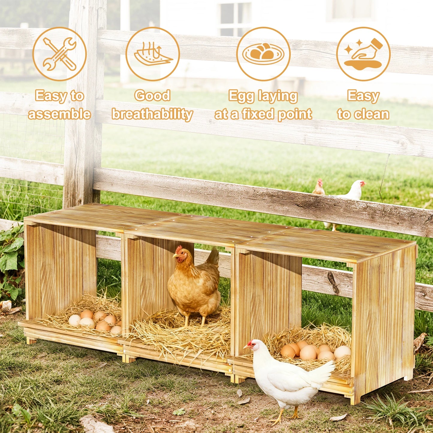 Borwart 3 Compartment Pine Wood Chicken Nesting Box For Poultry