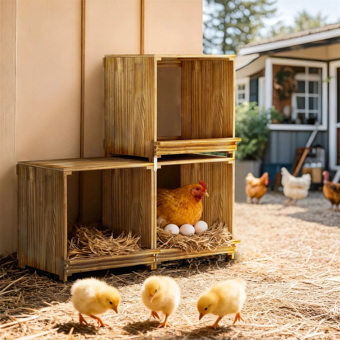 Borwart 3 Compartment Pine Wood Chicken Nesting Box For Poultry